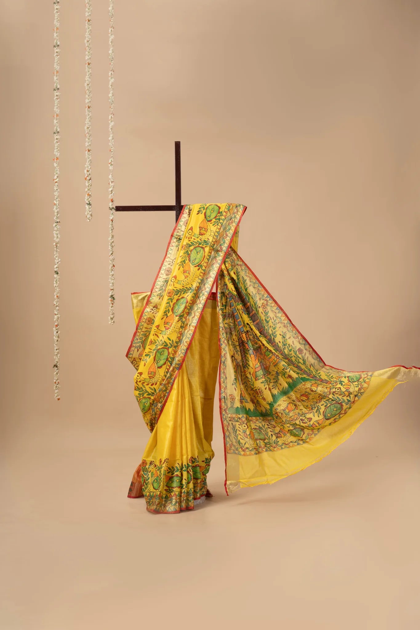 Mustard Yellow Hand-Painted Madhubani Linen Saree