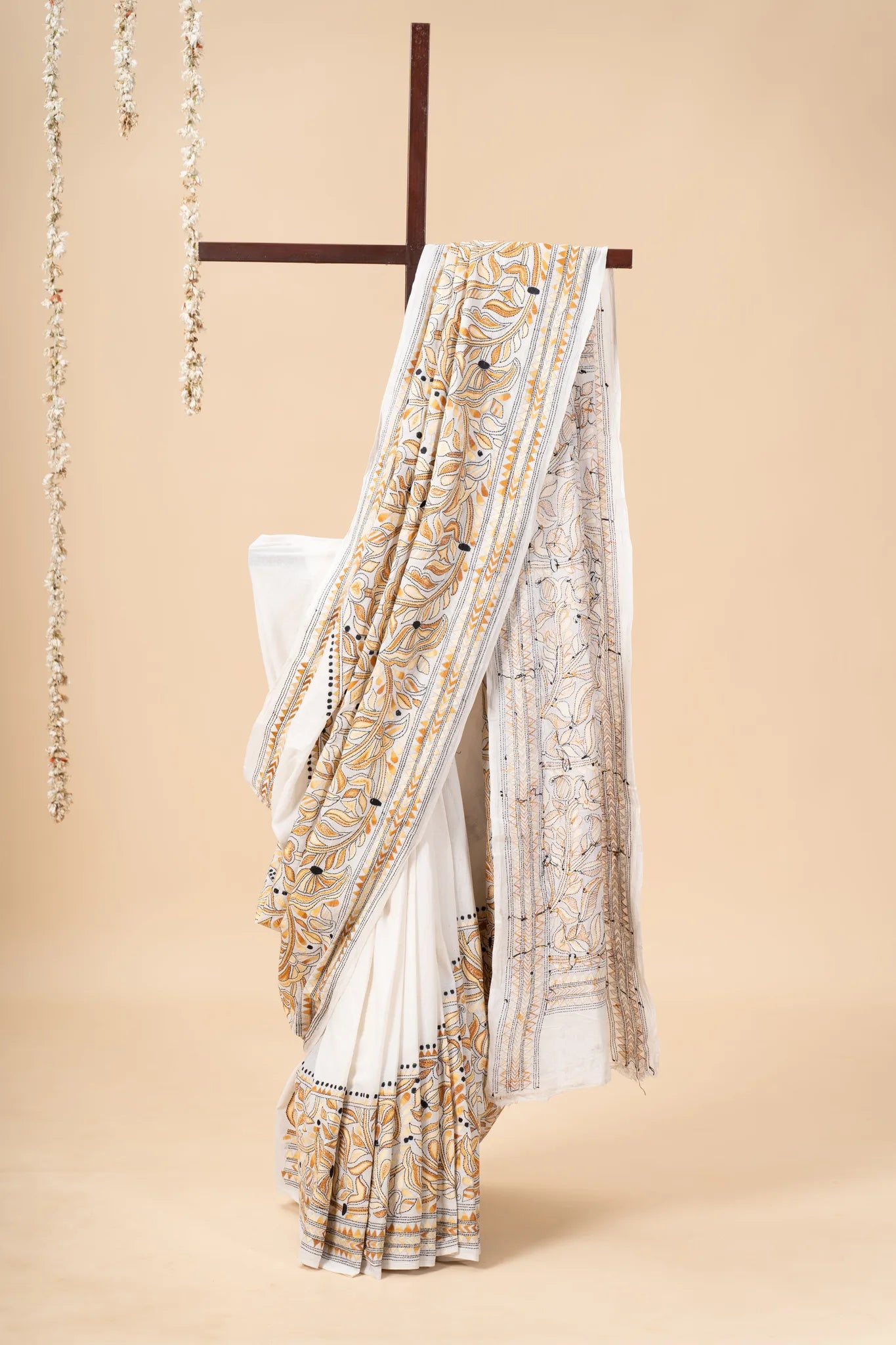 Mustard Yellow Nakshi Kantha Handwoven Cotton Saree - view 2