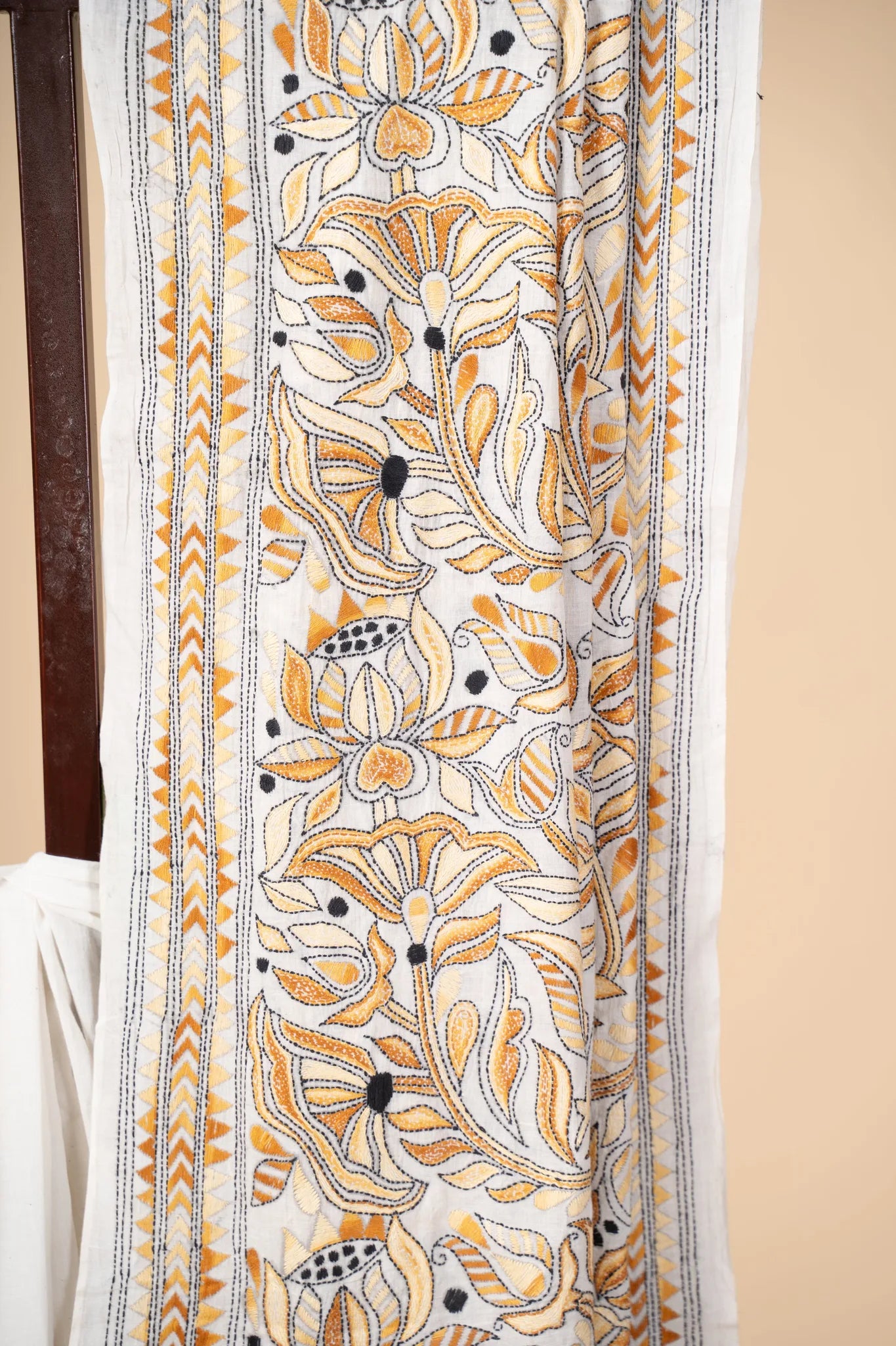 Mustard Yellow Nakshi Kantha Handwoven Cotton Saree - view 3
