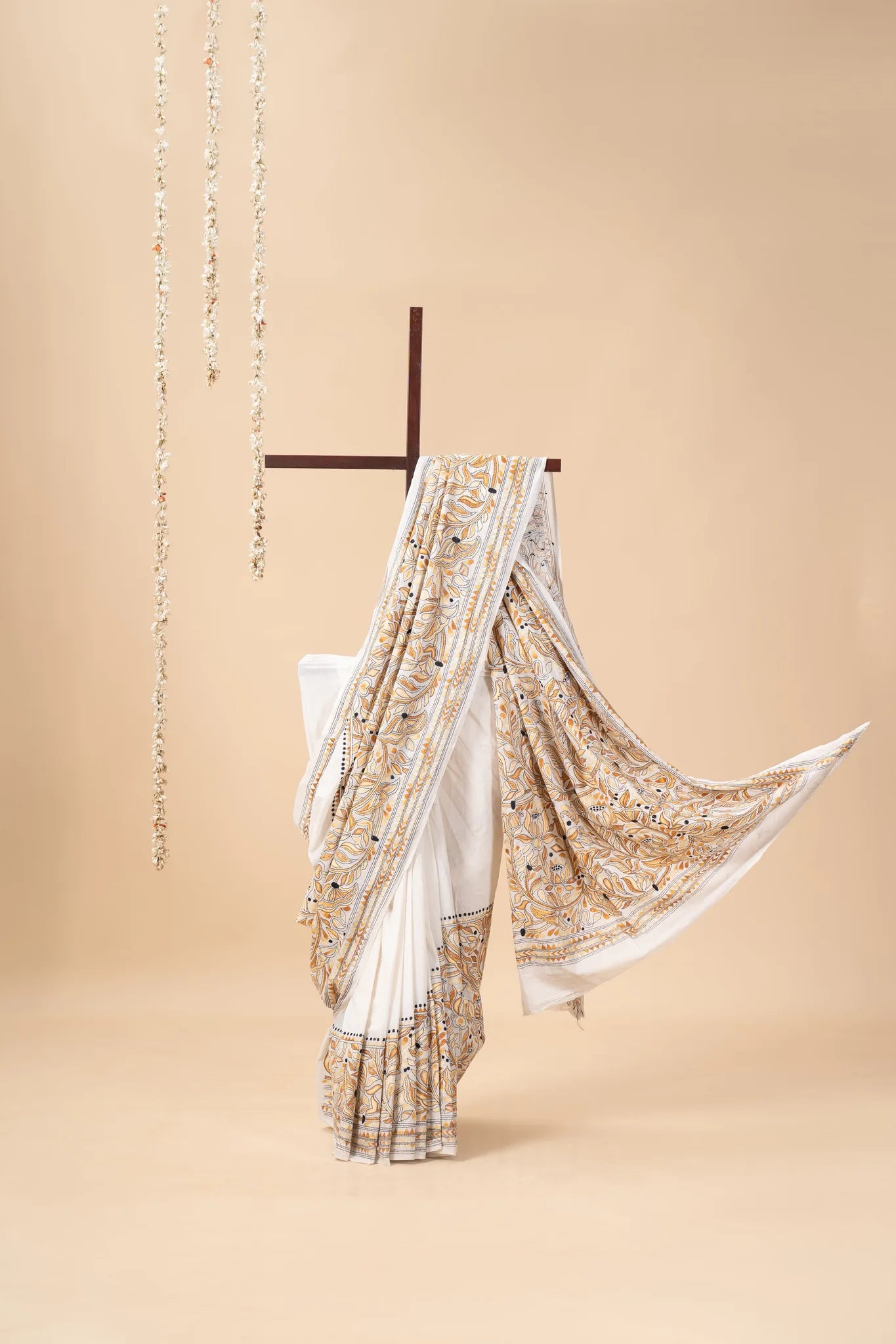 Mustard Yellow Nakshi Kantha Handwoven Cotton Saree