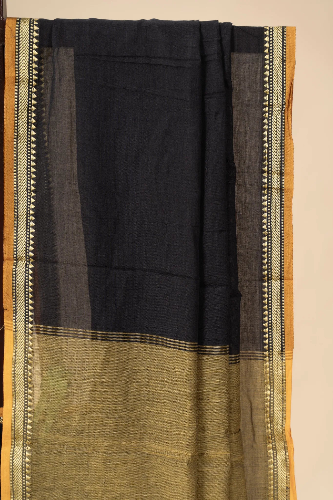 Black Narayanpet Handloom Cotton Saree with Thin Border - view 3