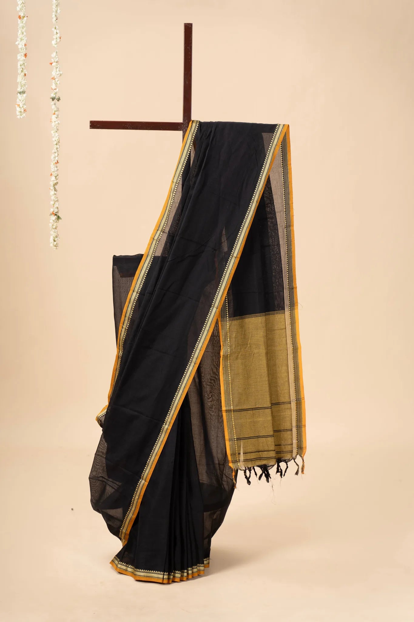 Black Narayanpet Handloom Cotton Saree with Thin Border