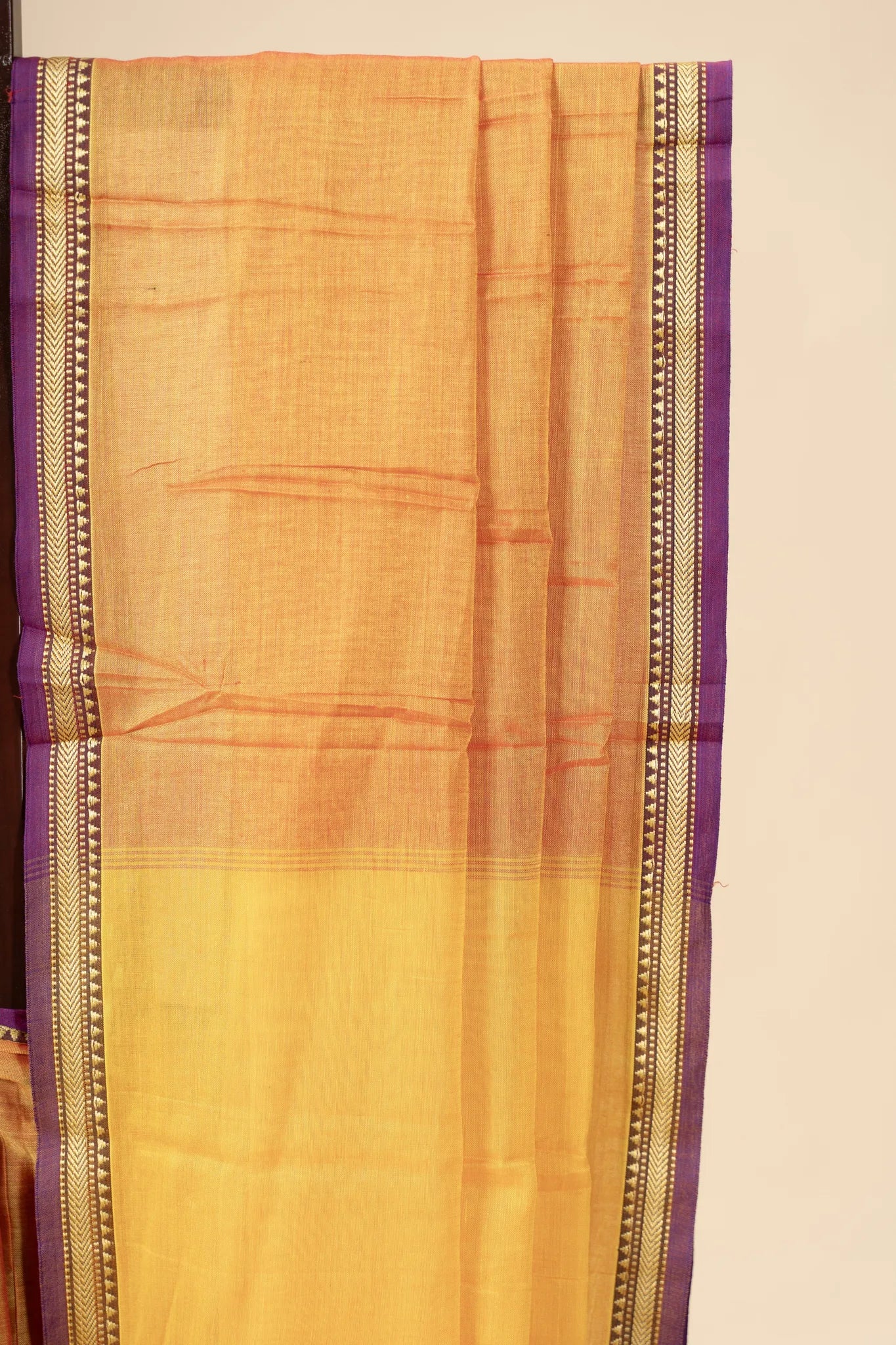 Marigold Orange Narayanpet Handloom Cotton Saree with Thin Border - view 3