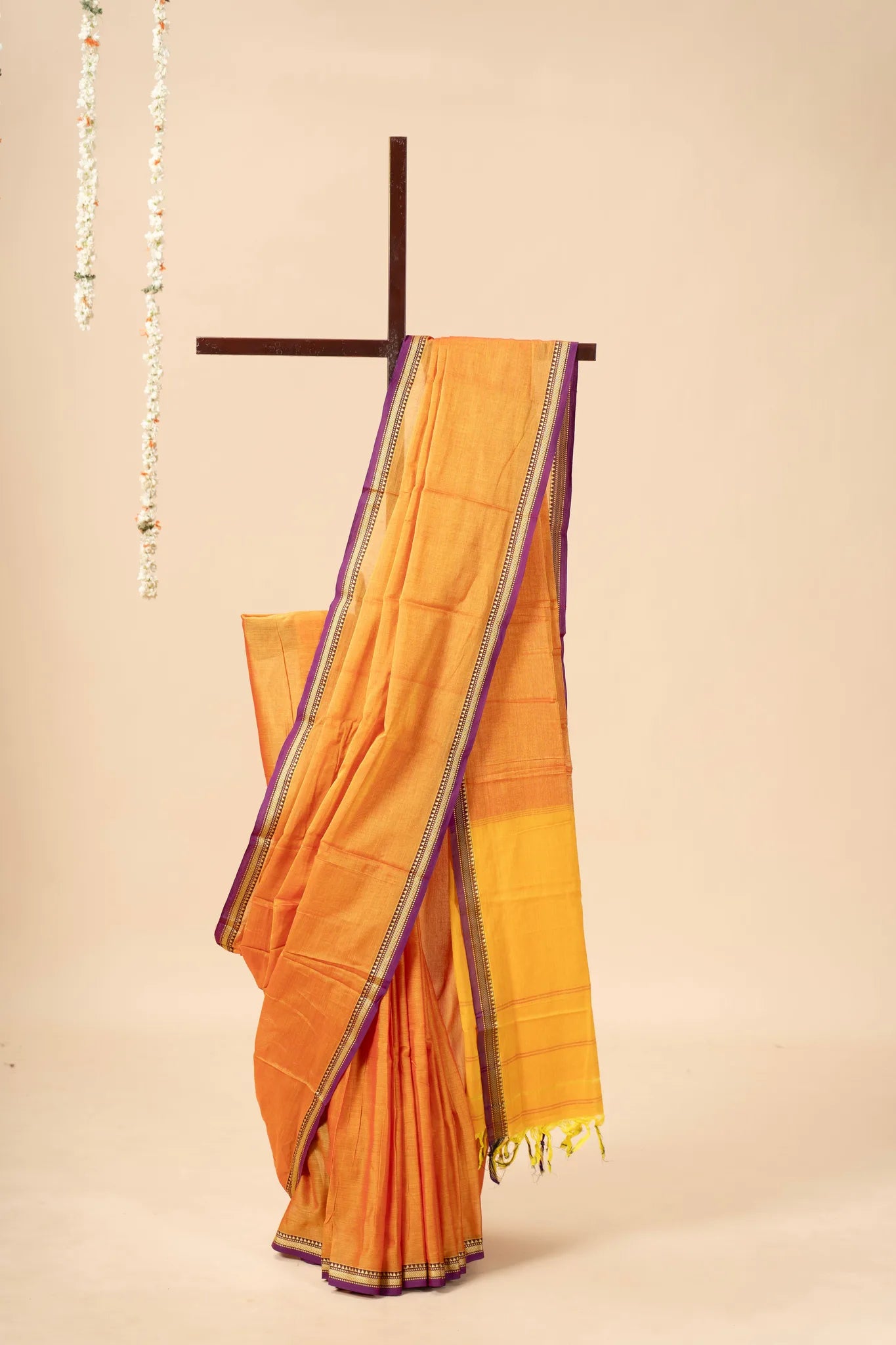 Marigold Orange Narayanpet Handloom Cotton Saree with Thin Border