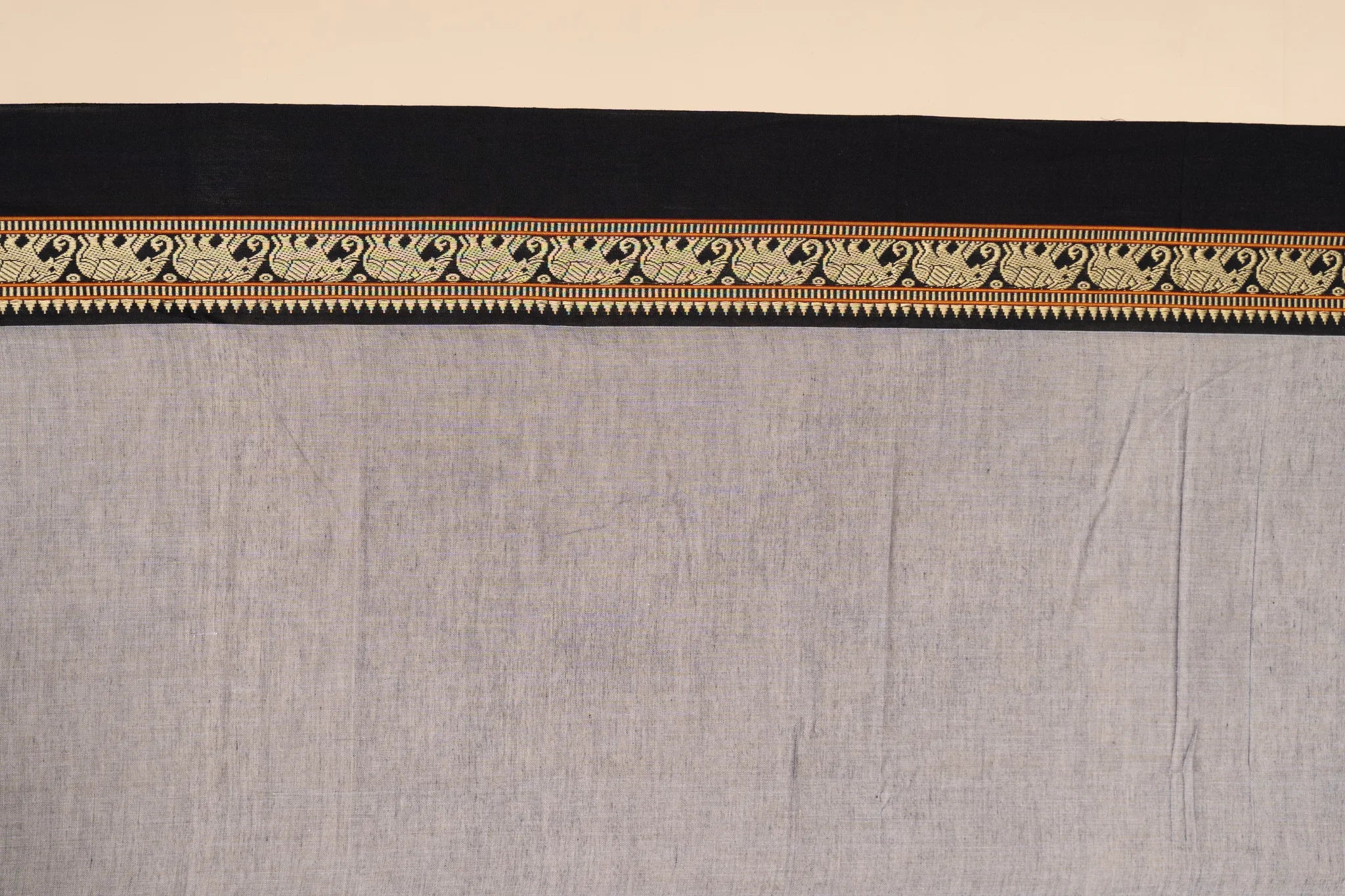 Slate Grey Narayanpet Handloom Cotton Saree with Elephant Border - view 4