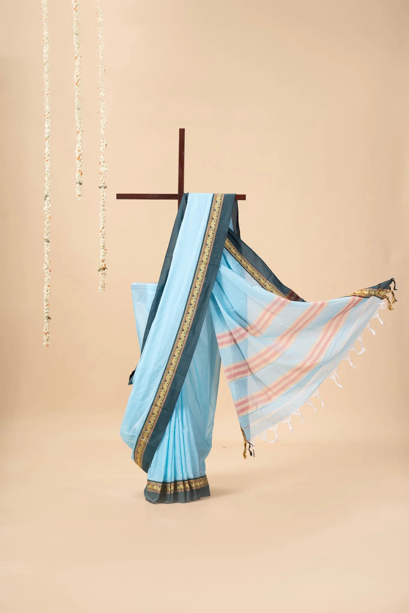 Sky Blue Narayanpet Handloom Cotton Saree with Elephant Border - view 2