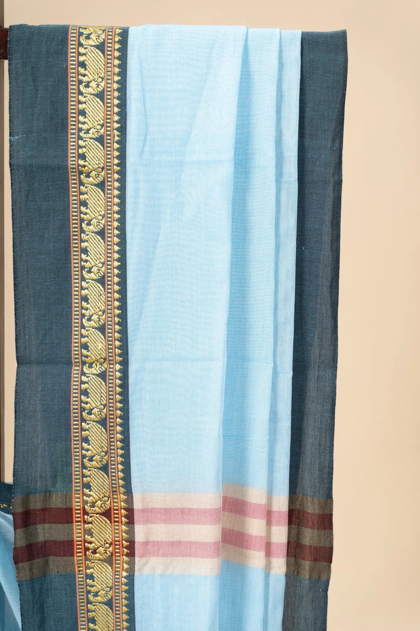 Sky Blue Narayanpet Handloom Cotton Saree with Elephant Border - view 3