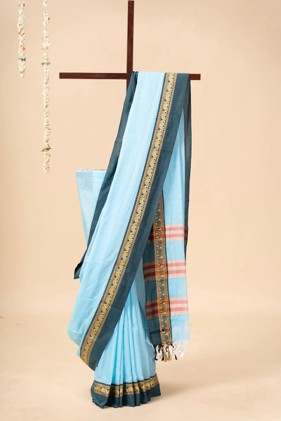Sky Blue Narayanpet Handloom Cotton Saree with Elephant Border