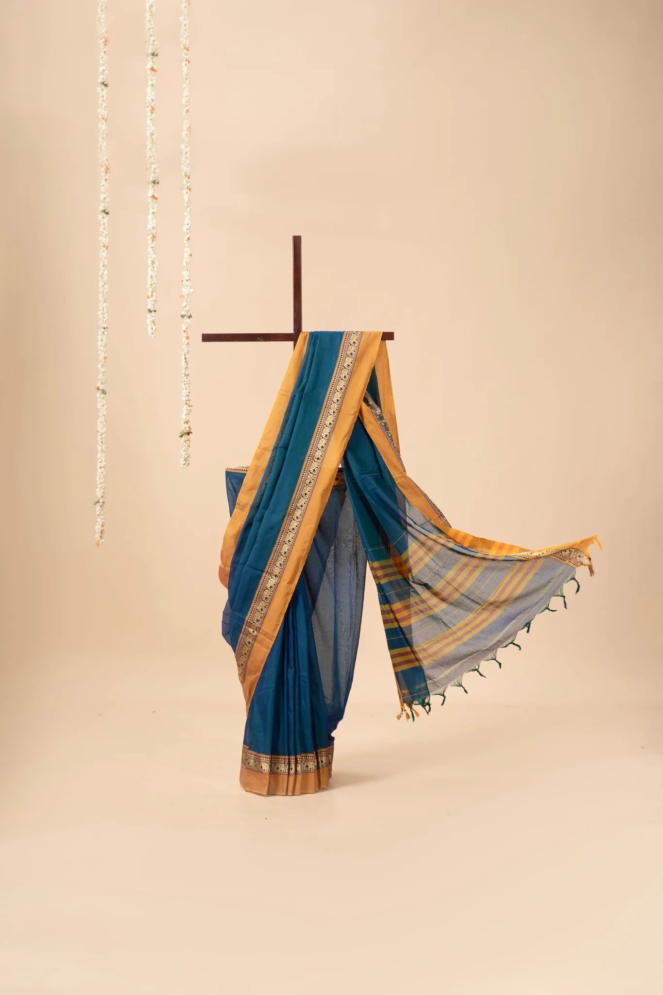 Blue Narayanpet Handloom Cotton Saree with Elephant Border - view 2