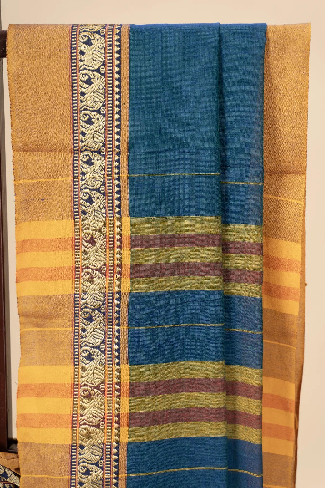 Blue Narayanpet Handloom Cotton Saree with Elephant Border - view 3