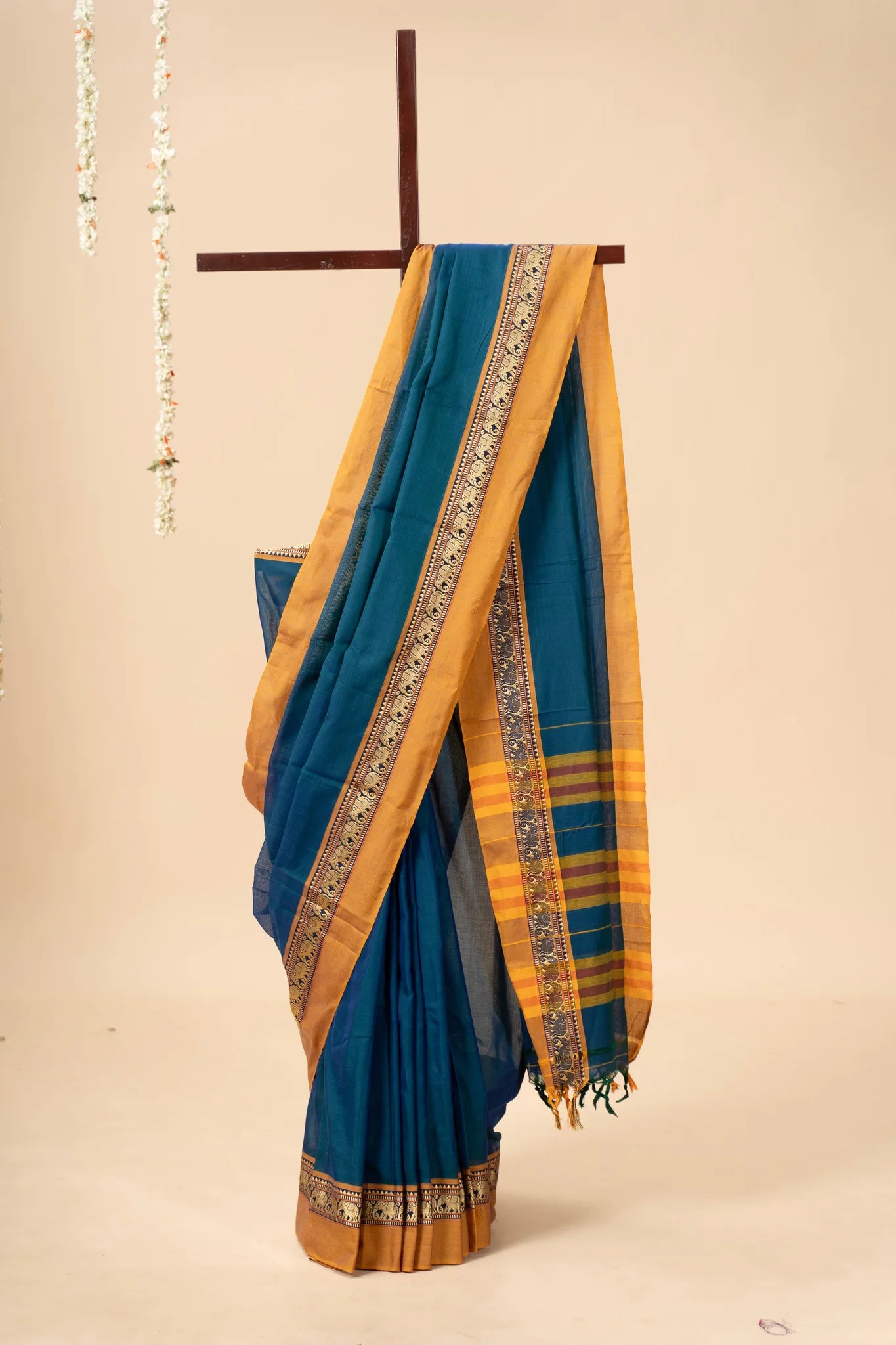 Blue Narayanpet Handloom Cotton Saree with Elephant Border