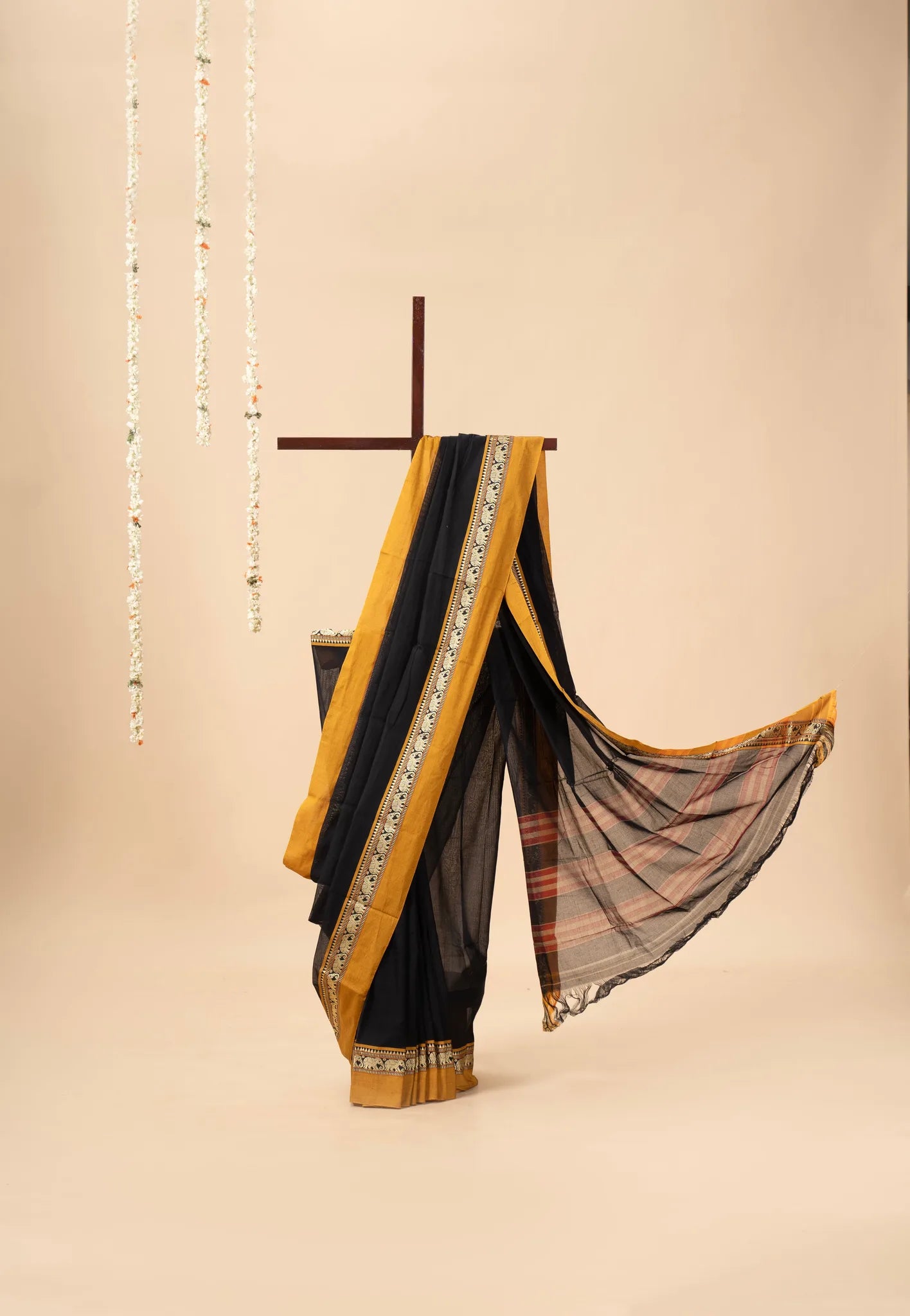 Black Narayanpet Handloom Cotton Saree with Elephant Border - view 2