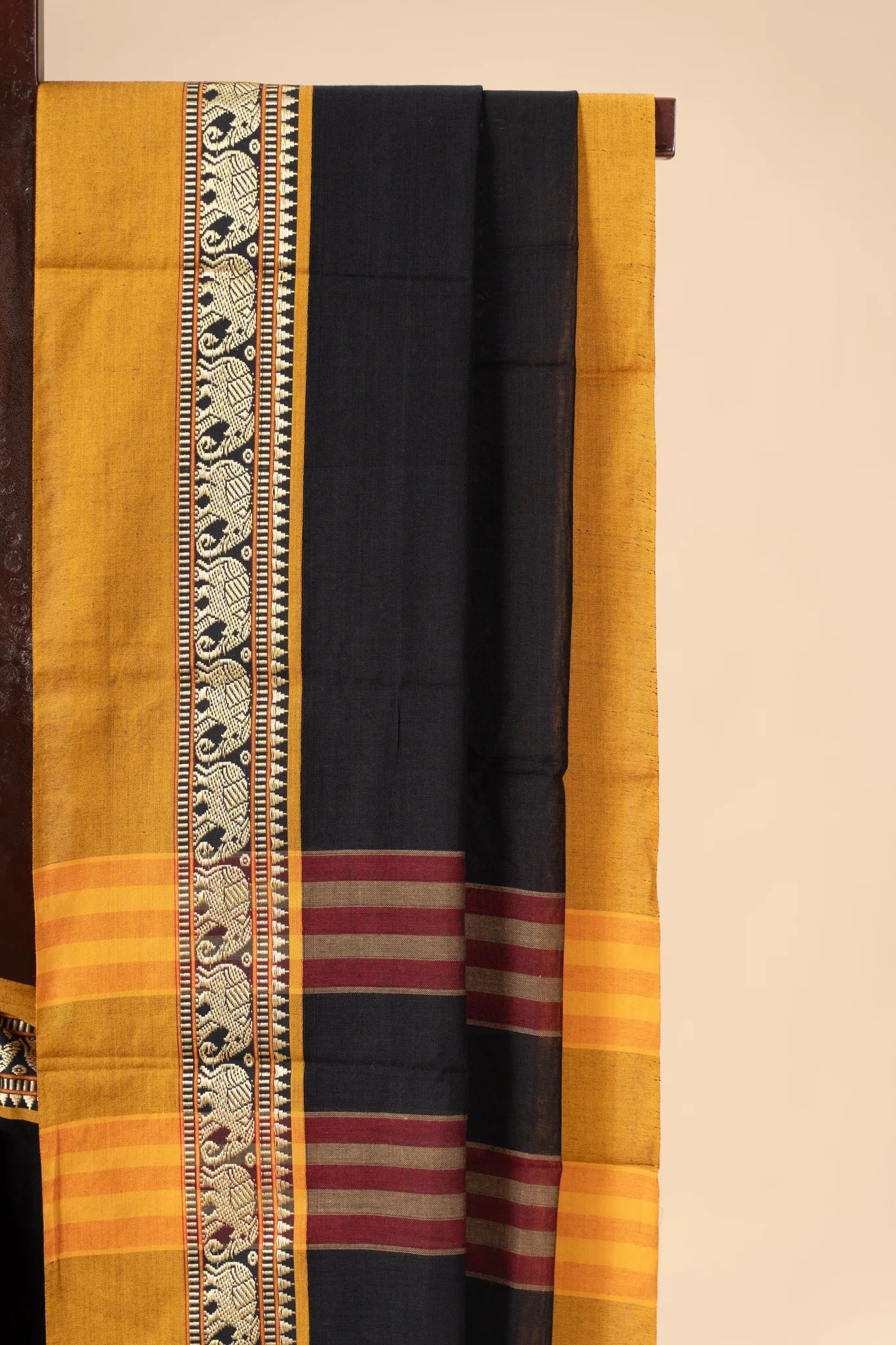 Black Narayanpet Handloom Cotton Saree with Elephant Border - view 3