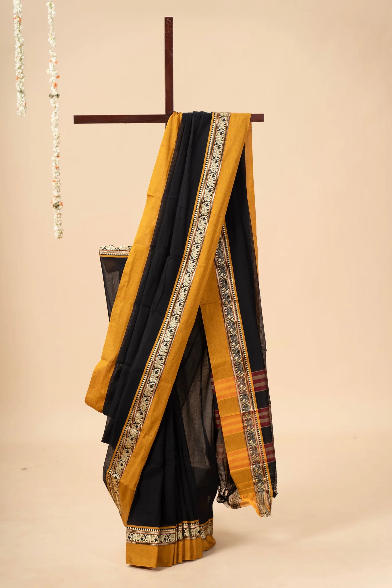Black Narayanpet Handloom Cotton Saree with Elephant Border