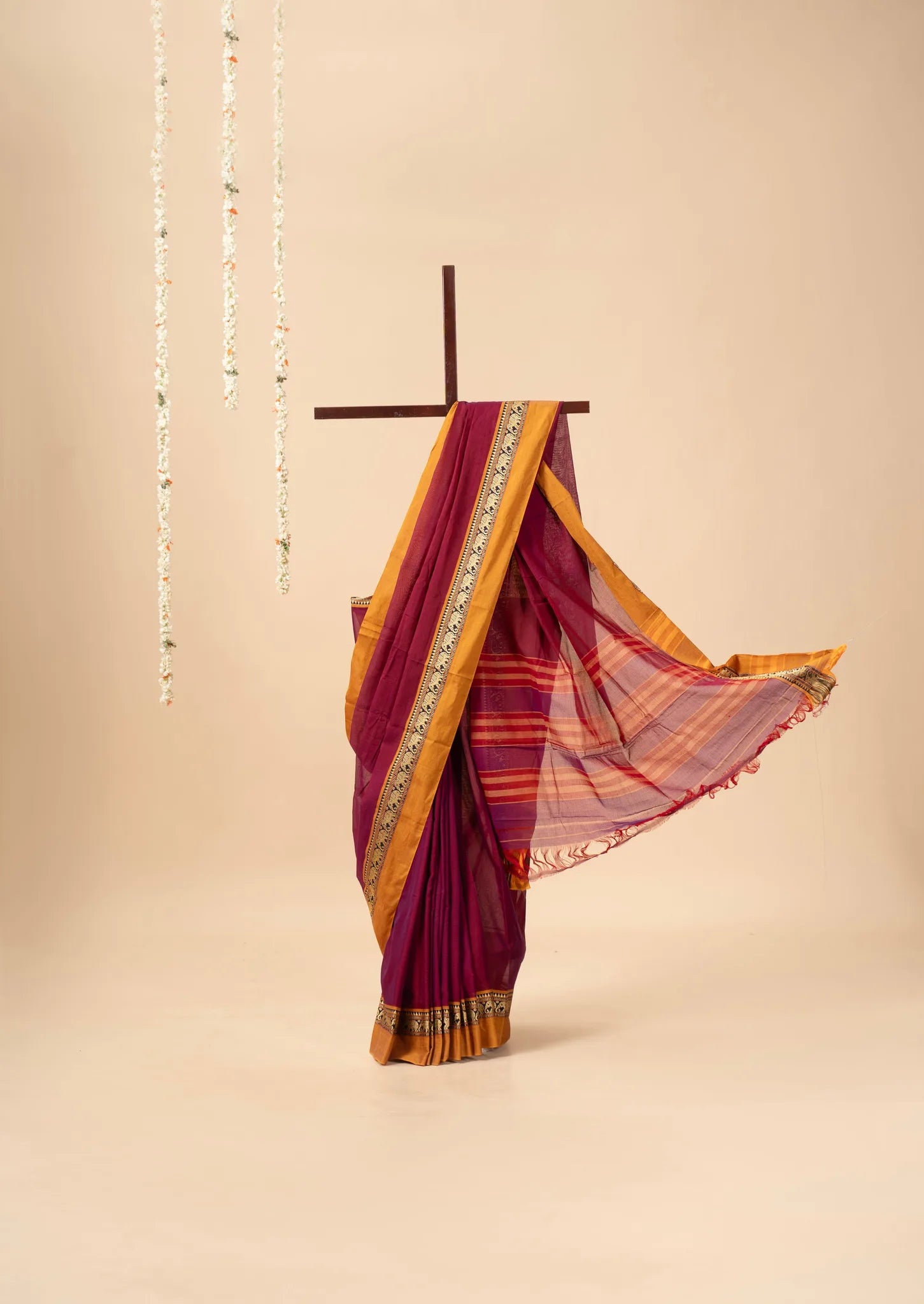 Red Narayanpet Handloom Cotton Saree with Elephant Border - view 2
