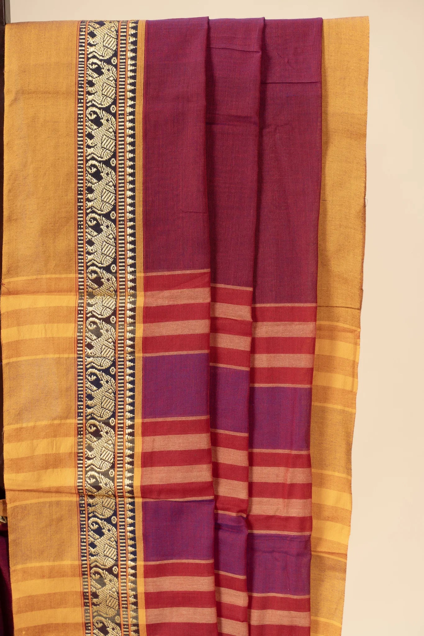 Red Narayanpet Handloom Cotton Saree with Elephant Border - view 3