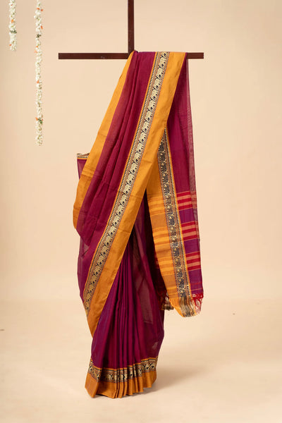 Red Narayanpet Handloom Cotton Saree with Elephant Border