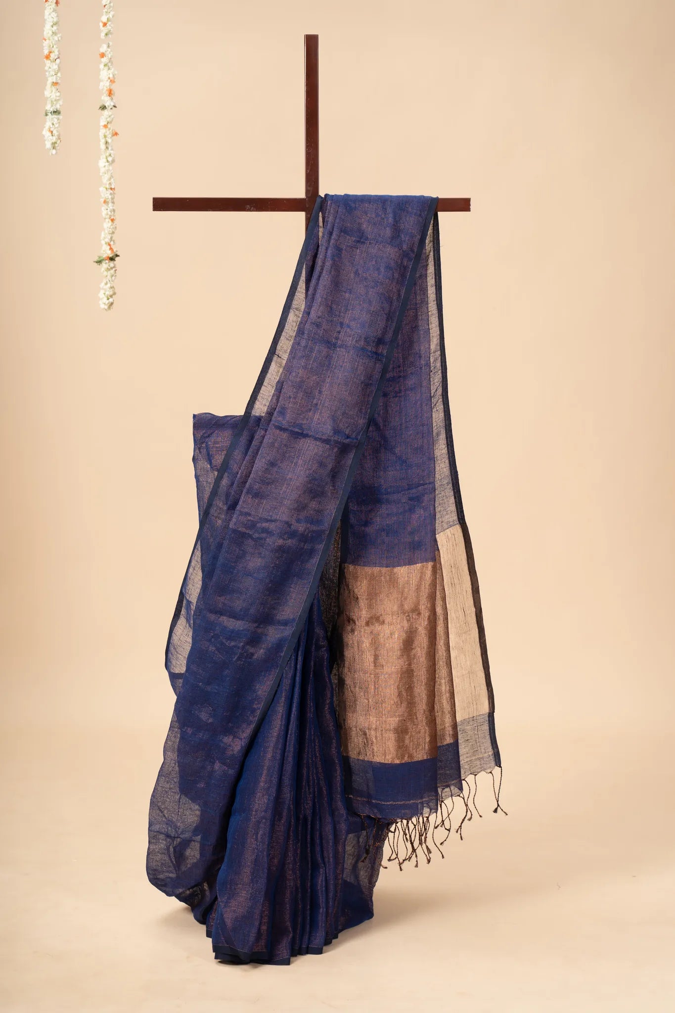 Navy Blue Linen Saree with Golden Zari Pallu