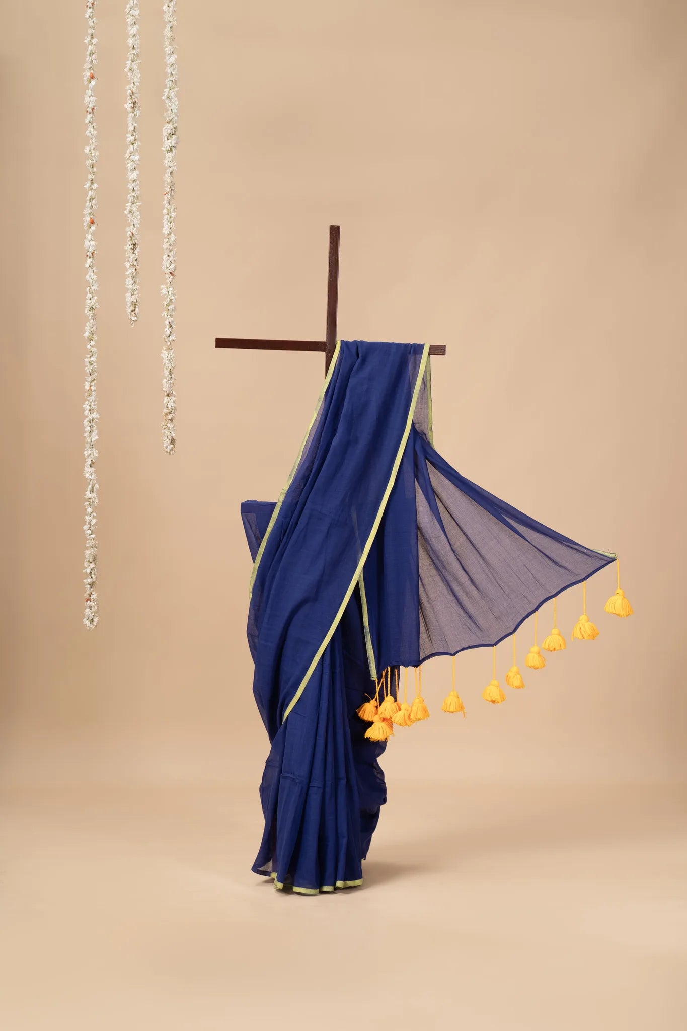 Dark Blue Mul Cotton Saree lemon Yellow Pom Pom - view 2
