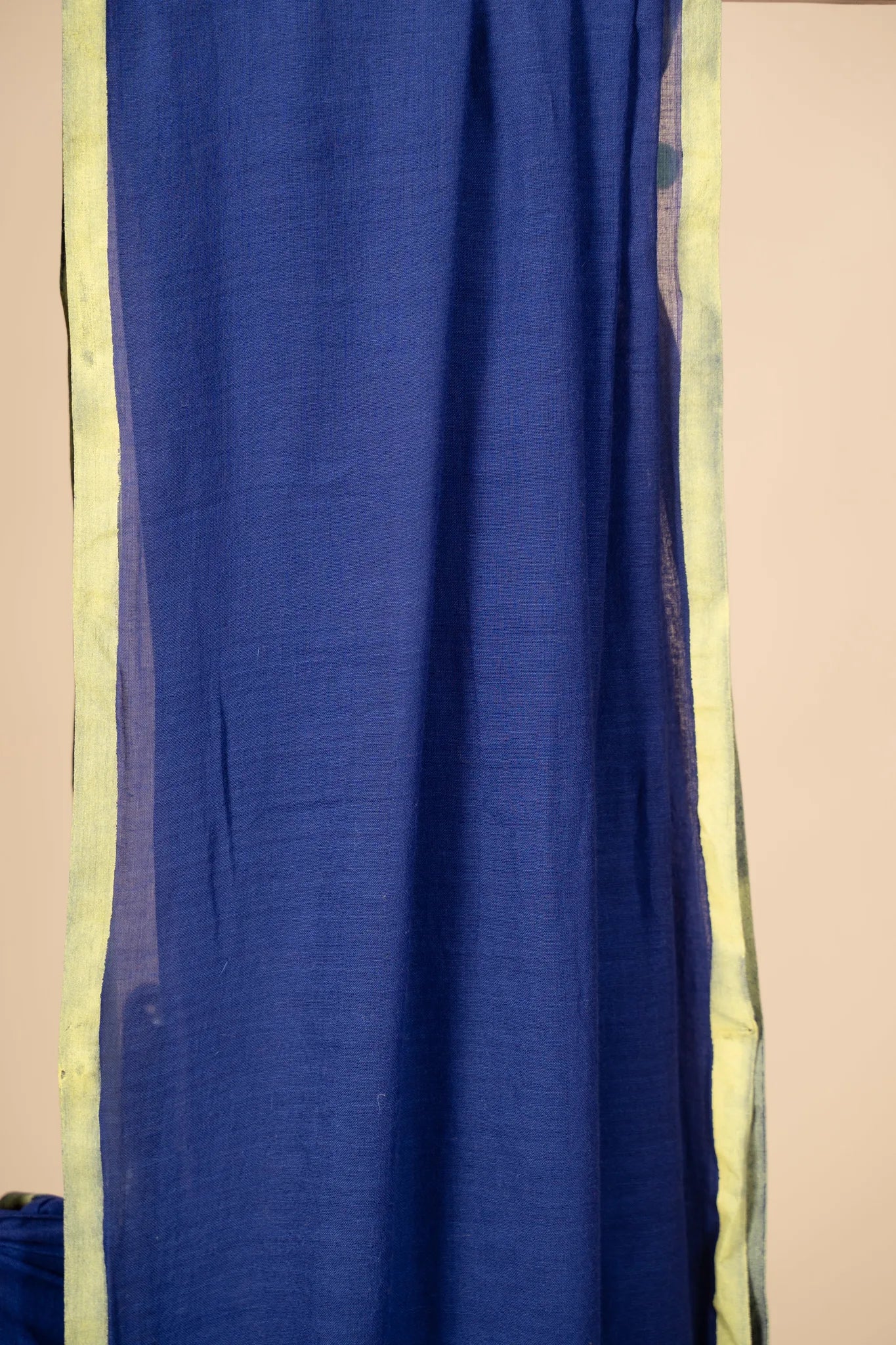 Dark Blue Mul Cotton Saree lemon Yellow Pom Pom - view 3