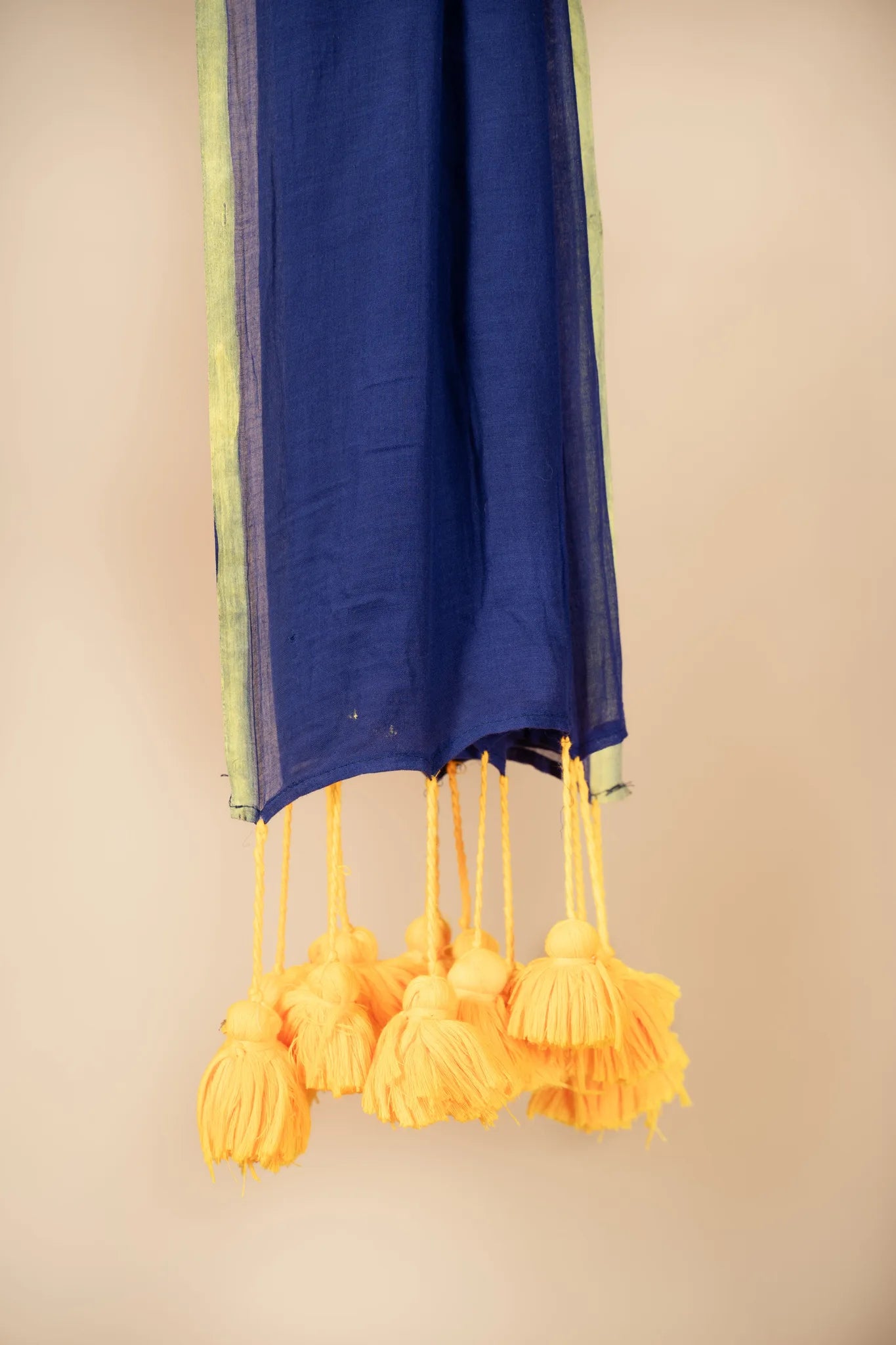 Dark Blue Mul Cotton Saree lemon Yellow Pom Pom - view 4