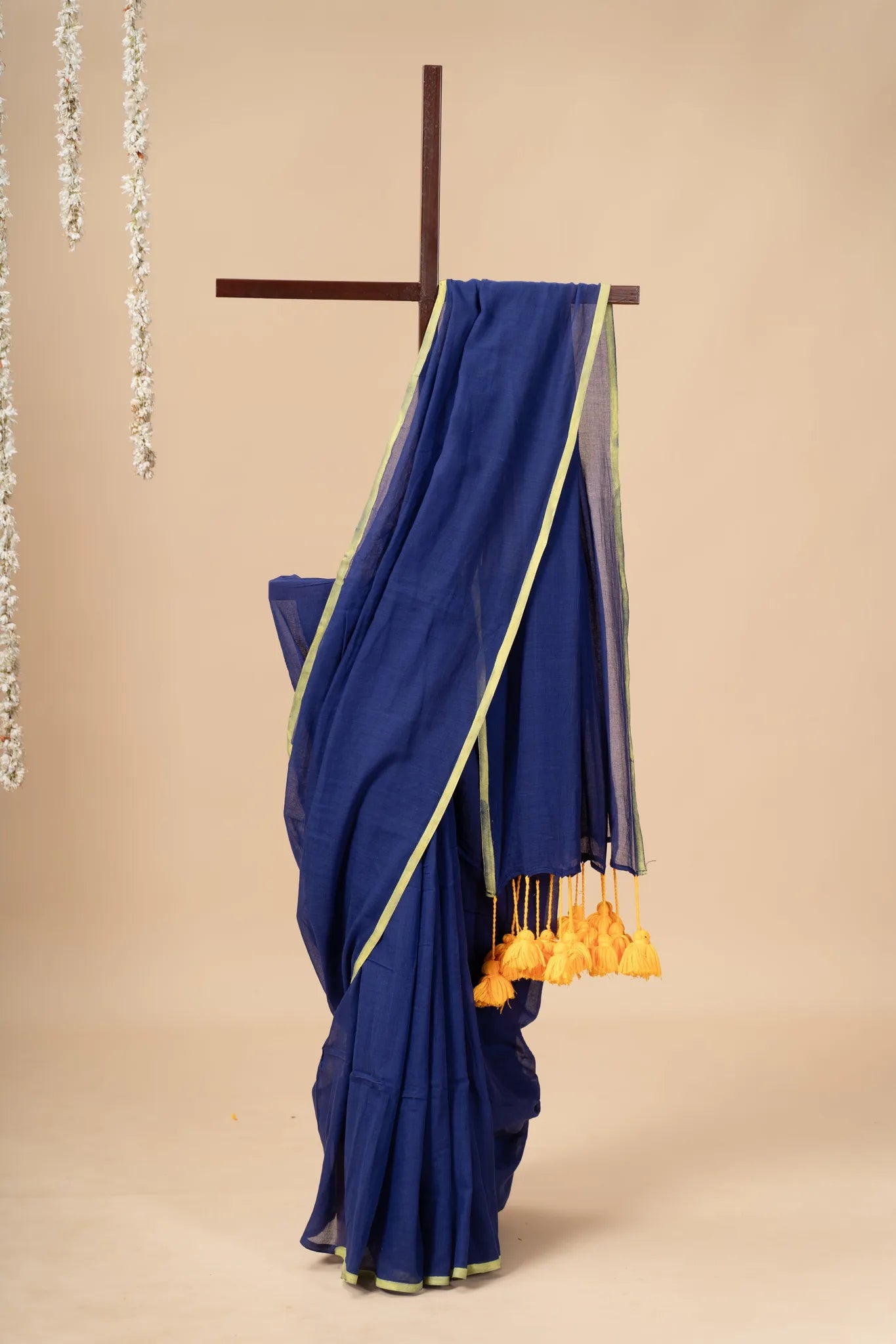 Dark Blue Mul Cotton Saree lemon Yellow Pom Pom