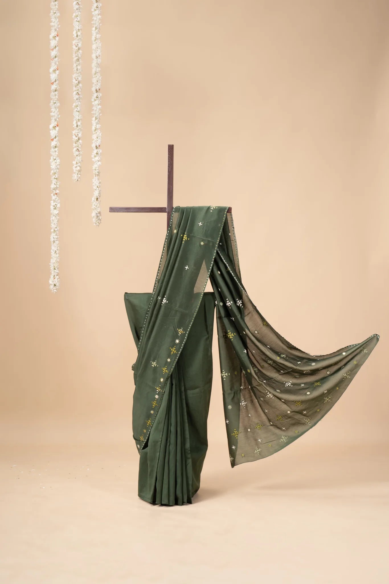 Olive Green Chanderi Silk Saree with Soof Embroidery - view 2