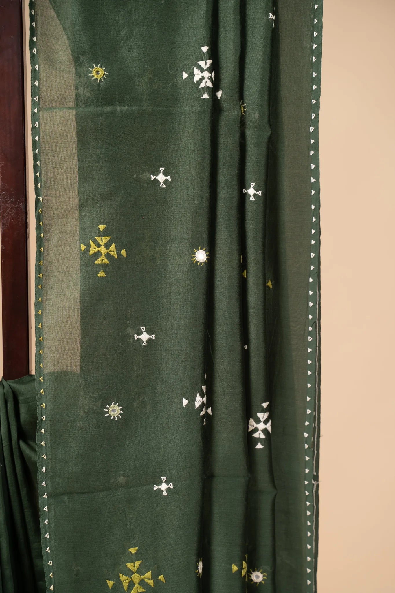 Olive Green Chanderi Silk Saree with Soof Embroidery - view 3