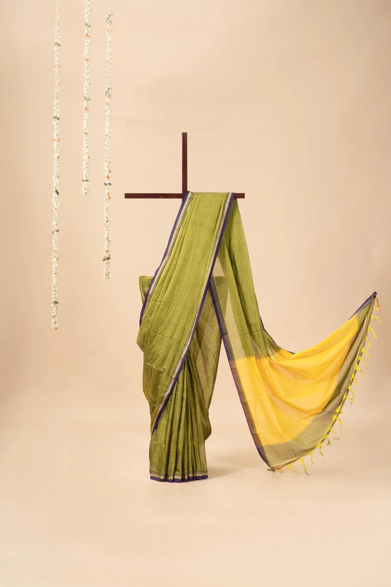 Olive Green Narayanpet Handloom Cotton Saree with Thin Border - view 2