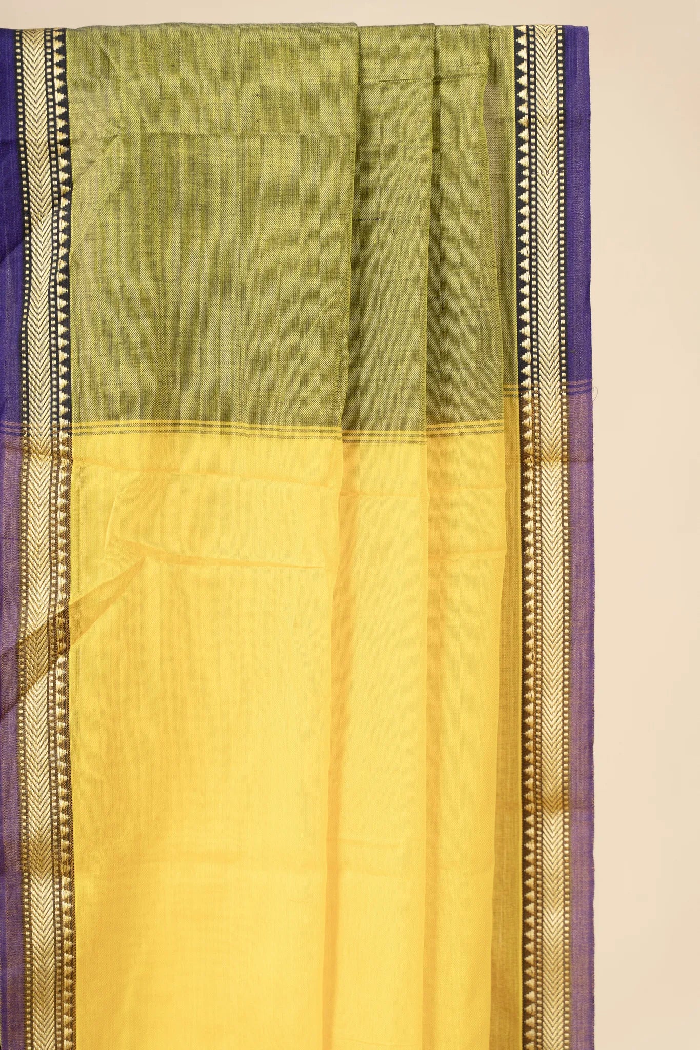 Olive Green Narayanpet Handloom Cotton Saree with Thin Border - view 3