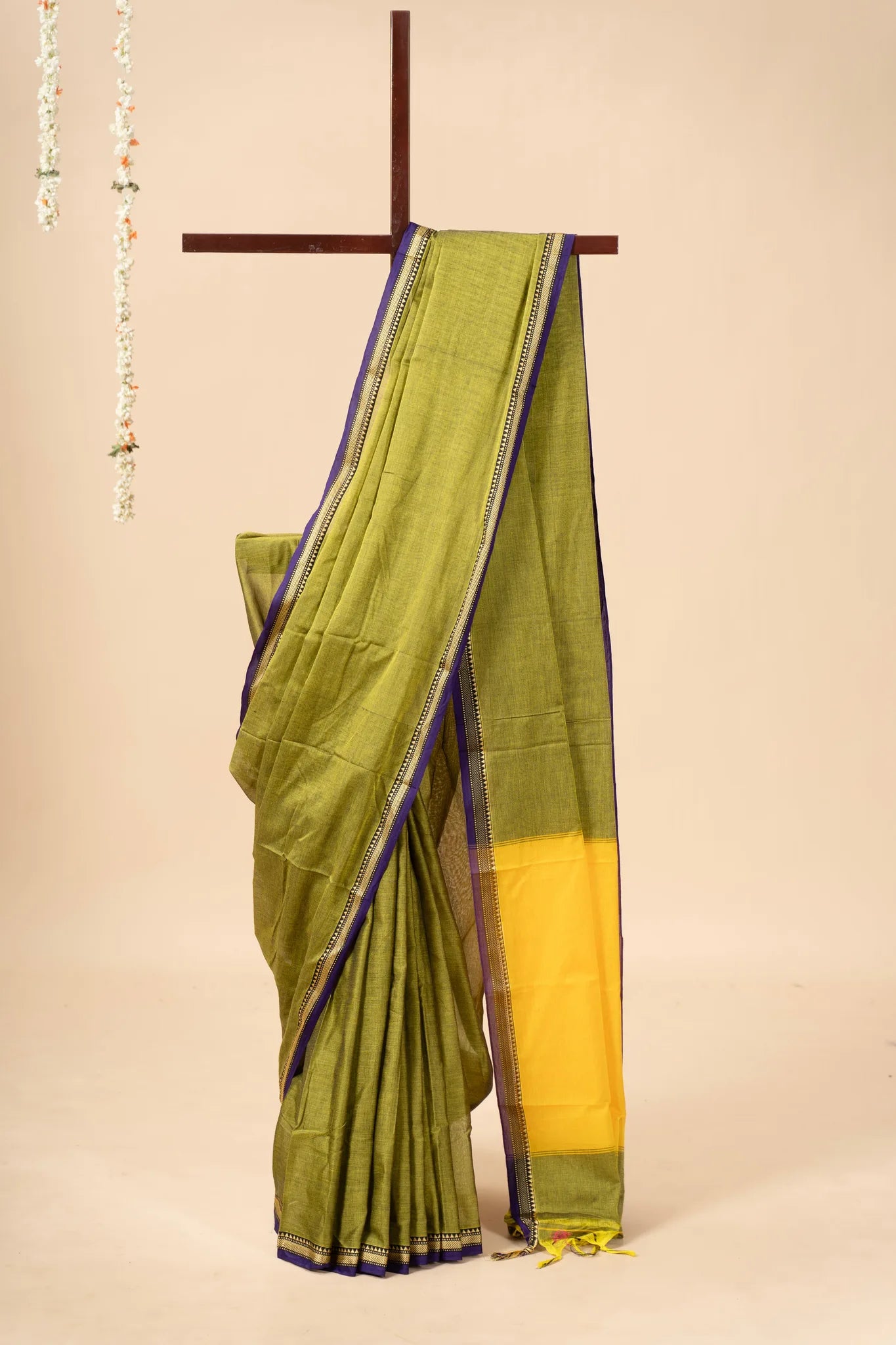 Olive Green Narayanpet Handloom Cotton Saree with Thin Border