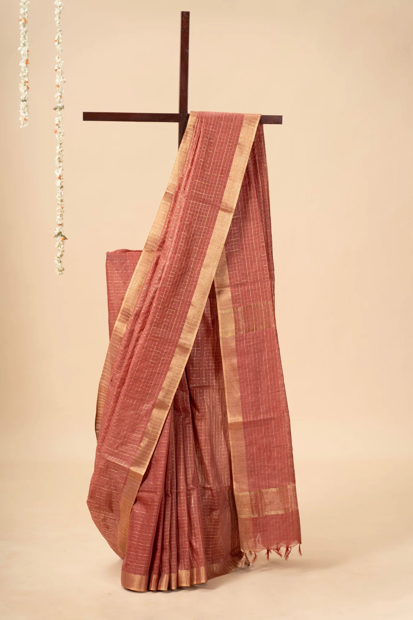 Orange Check Patterned Semi Tussar Silk Saree With Golden Zari - view 2