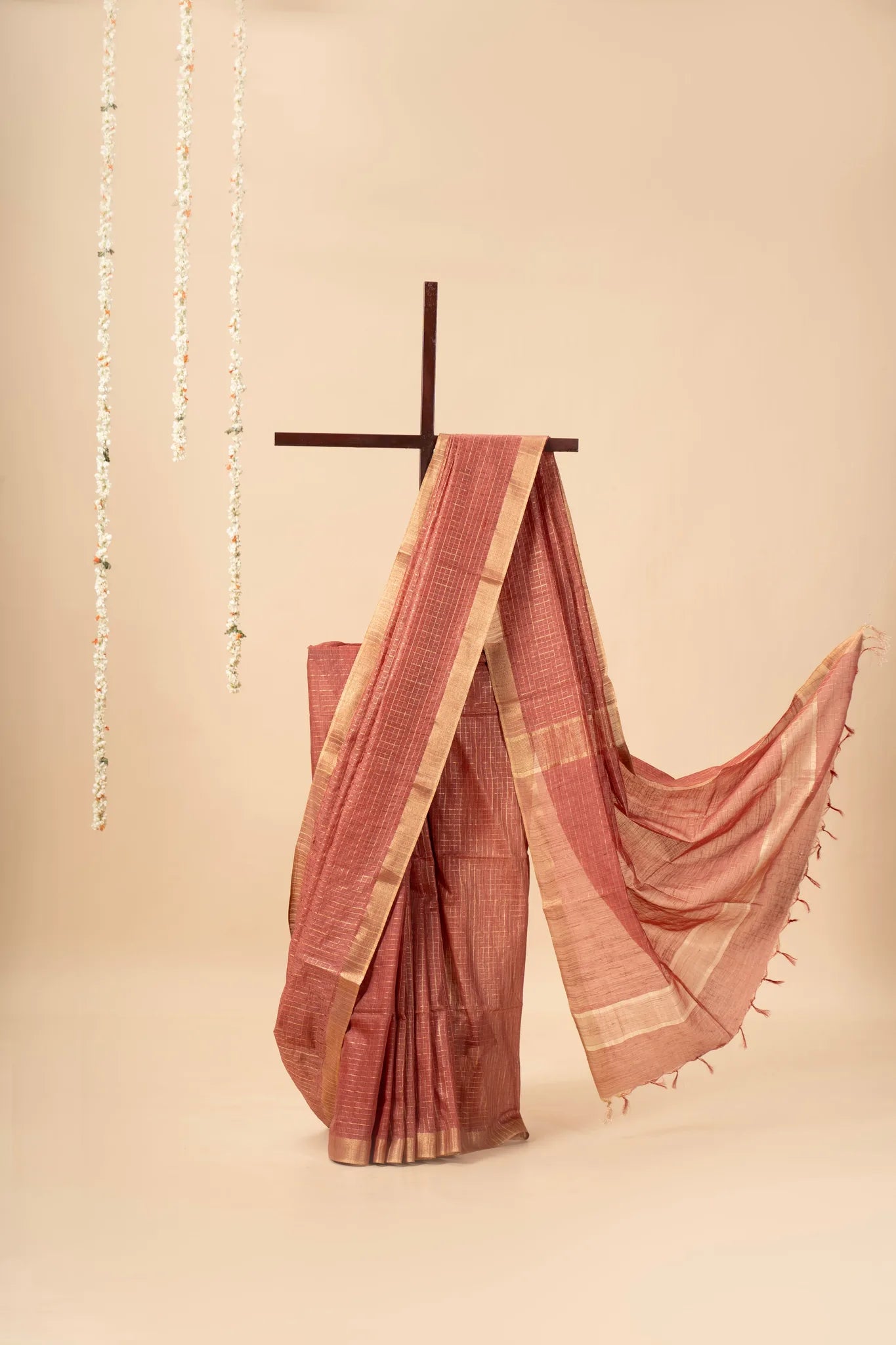 Orange Check Patterned Semi Tussar Silk Saree With Golden Zari
