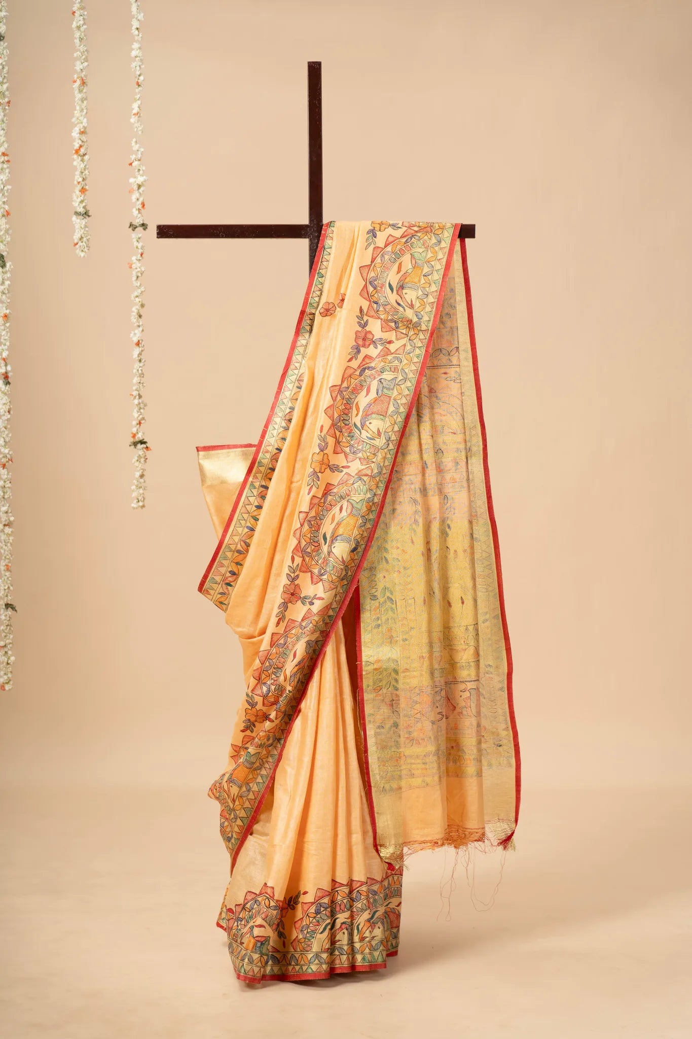 Orange Hand-Painted Madhubani Linen Saree - view 2