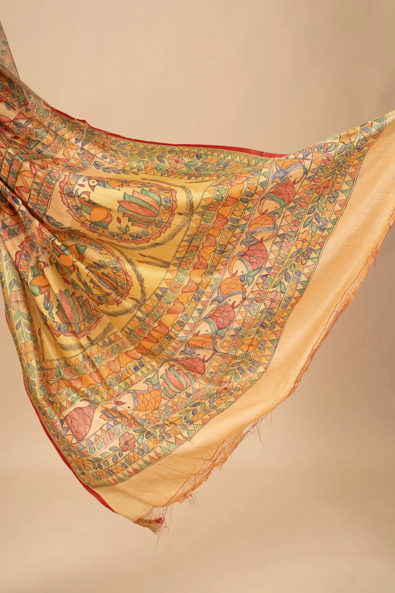Orange Hand-Painted Madhubani Linen Saree - view 3