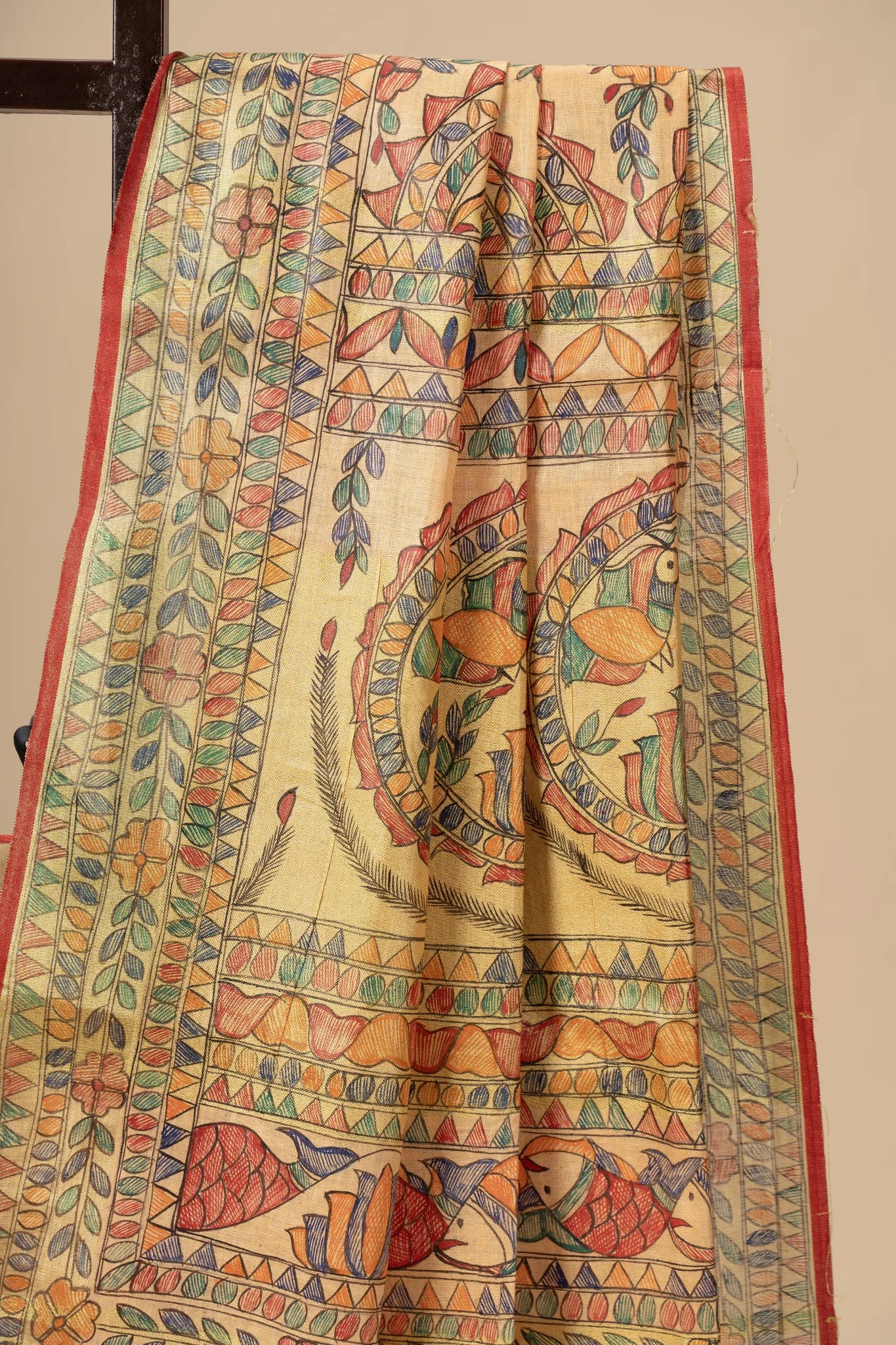 Orange Hand-Painted Madhubani Linen Saree - view 4