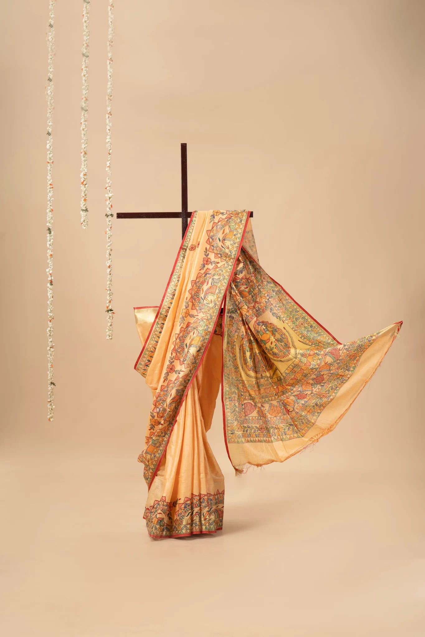 Orange Hand-Painted Madhubani Linen Saree
