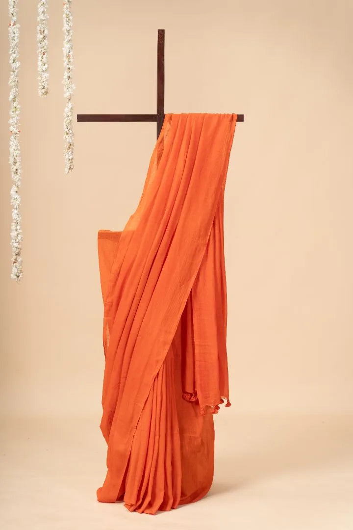 Orange Handloom Mul Cotton Saree - view 2