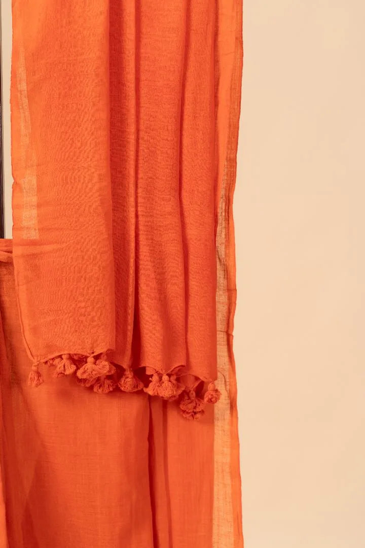 Orange Handloom Mul Cotton Saree - view 3