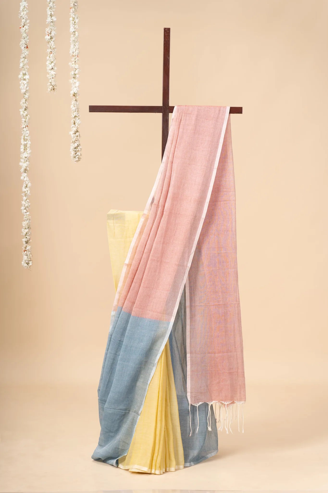 Pink, Blue & Yellow Multi-Coloured Handloom Mul Cotton Saree