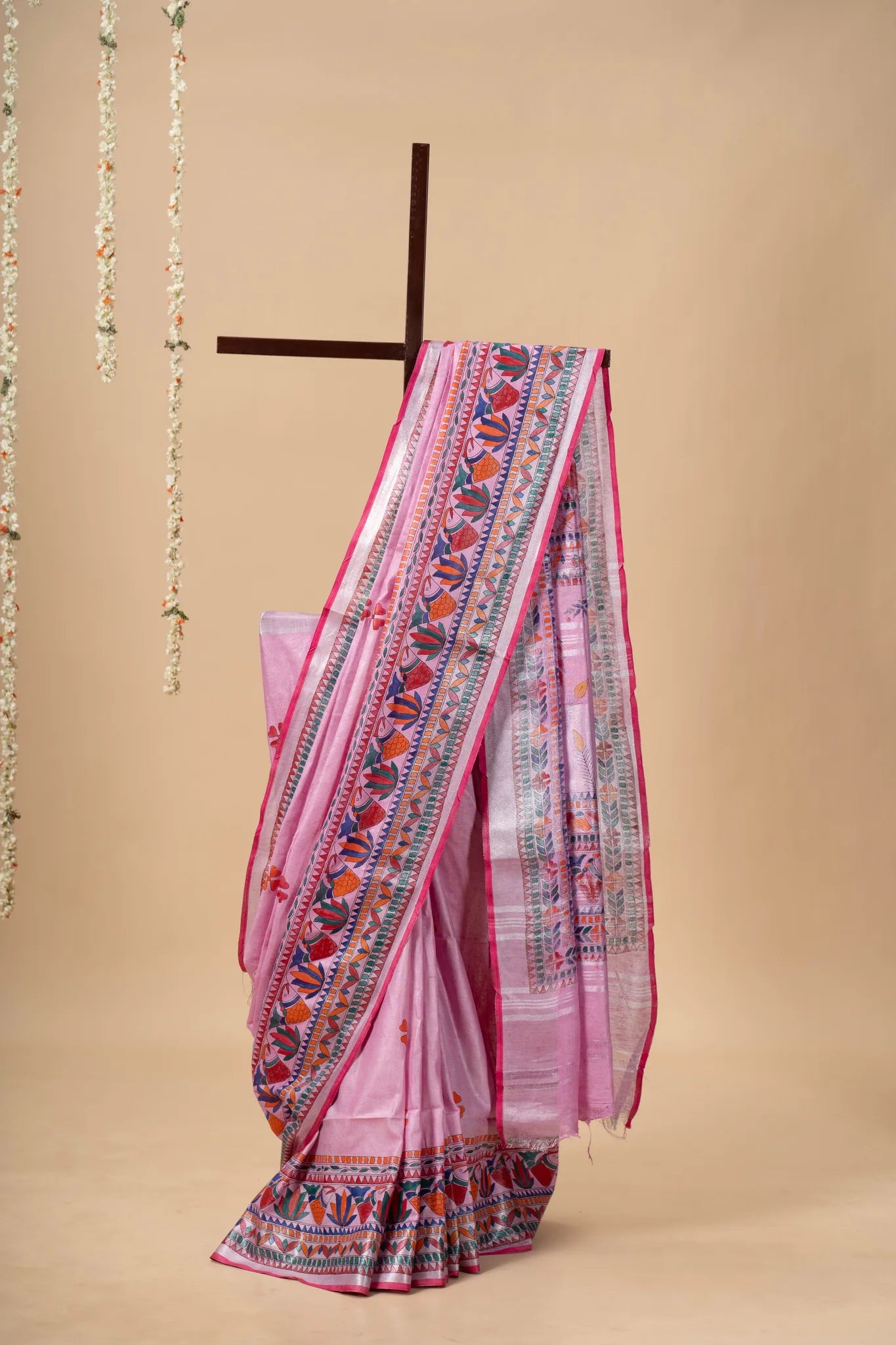 Pink Hand-Painted Madhubani Linen Saree - view 2