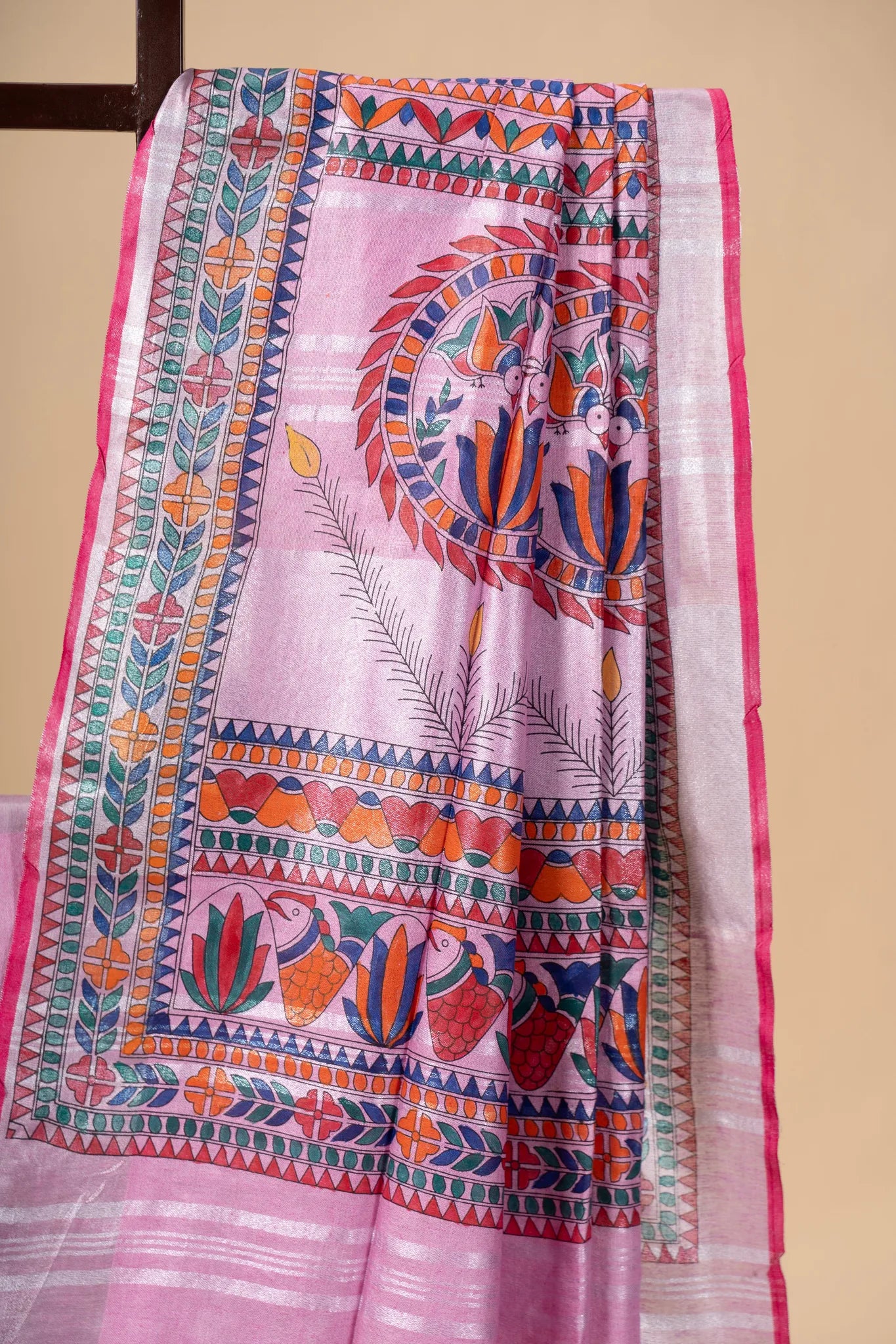 Pink Hand-Painted Madhubani Linen Saree - view 3