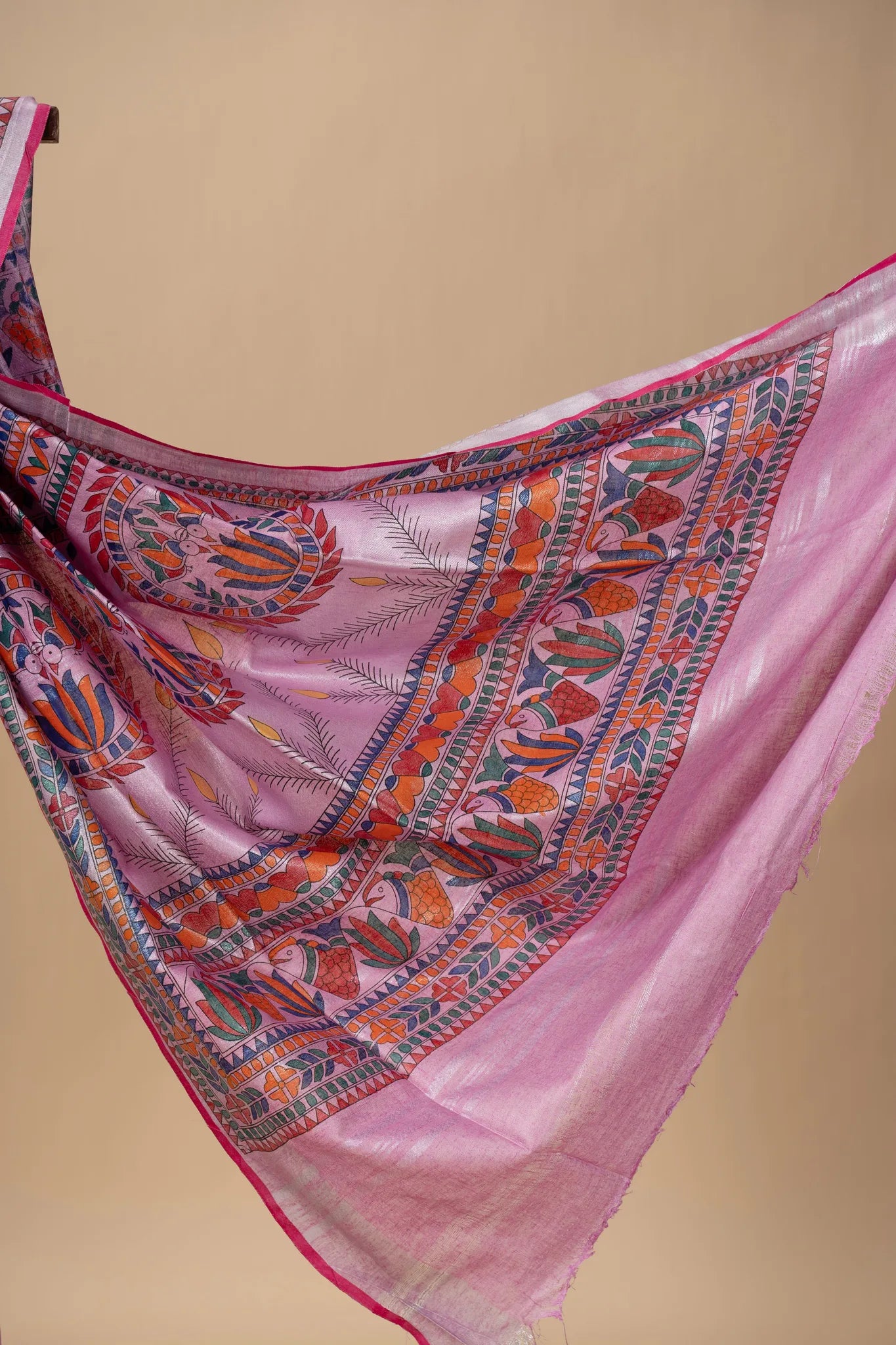 Pink Hand-Painted Madhubani Linen Saree - view 4