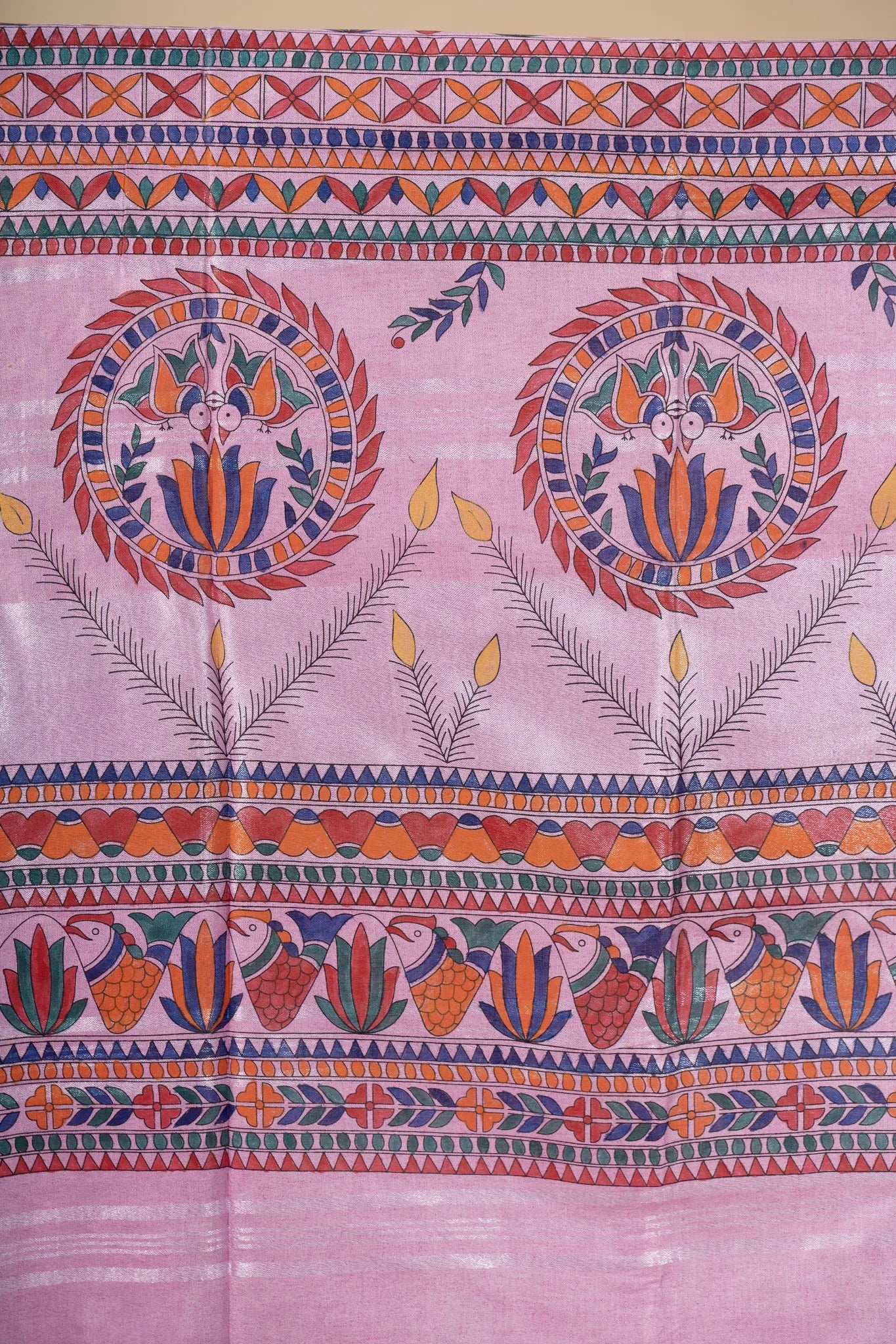 Pink Hand-Painted Madhubani Linen Saree - view 5