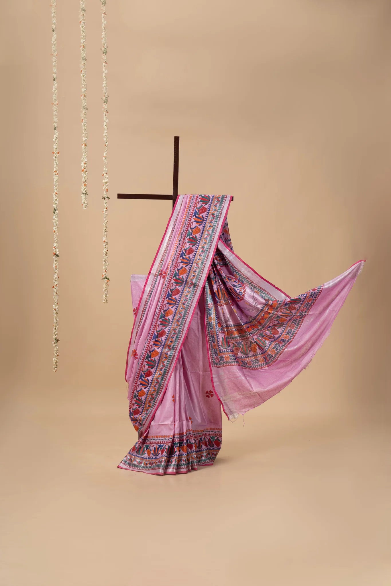 Pink Hand-Painted Madhubani Linen Saree