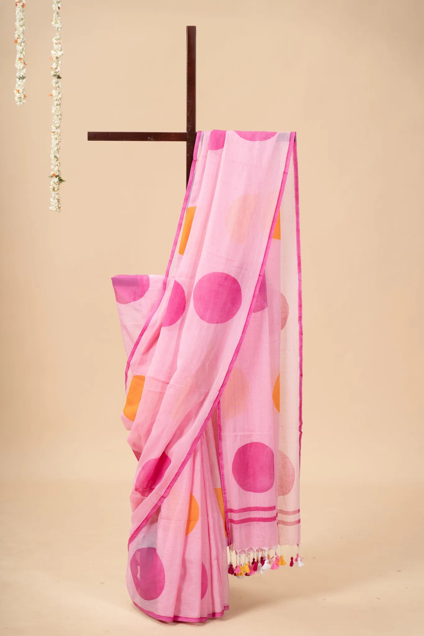 Pink Mul Cotton Saree with Polka Dots