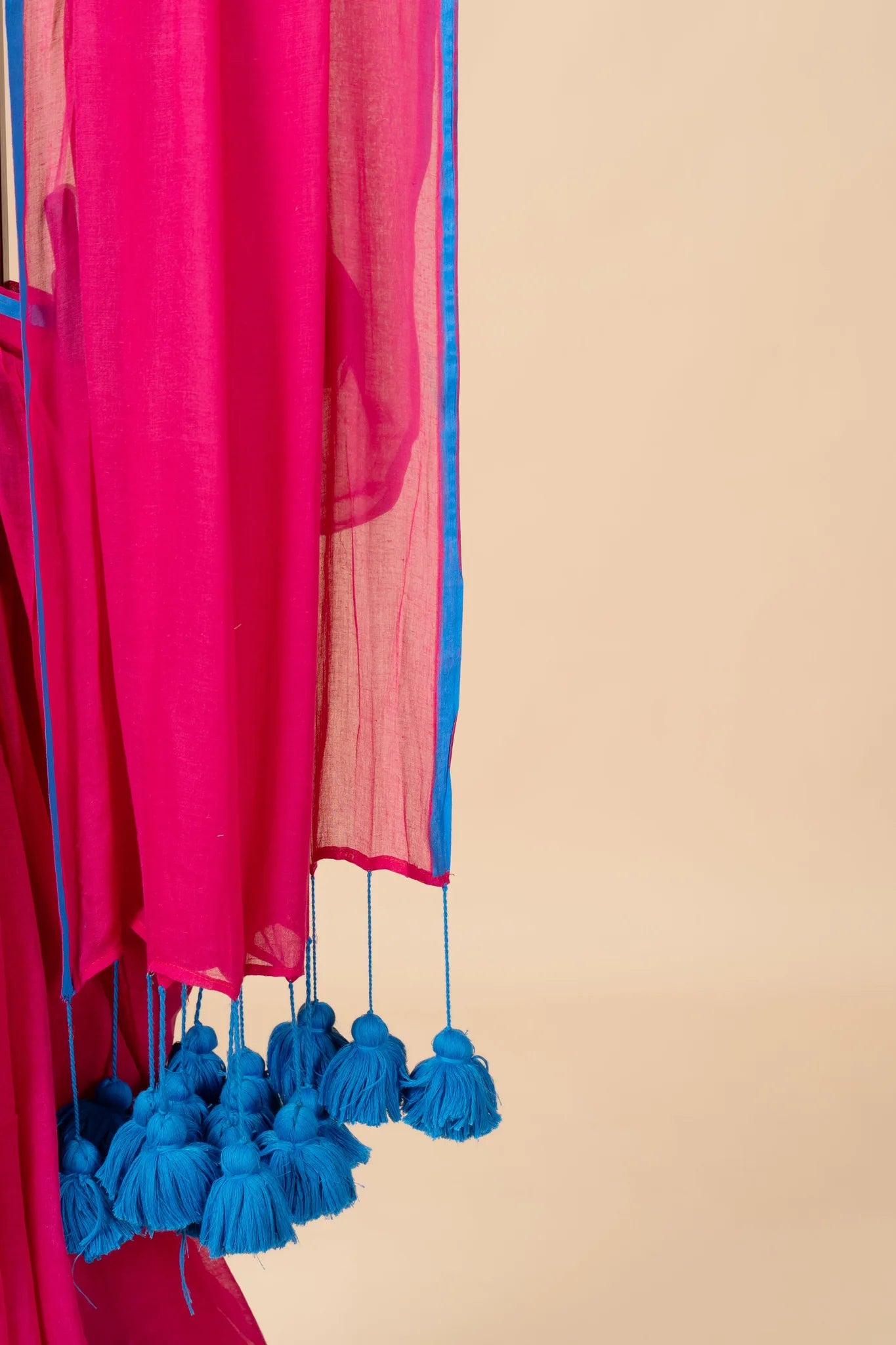 Pink Mul Cotton Saree with Blue Pom Pom - view 4