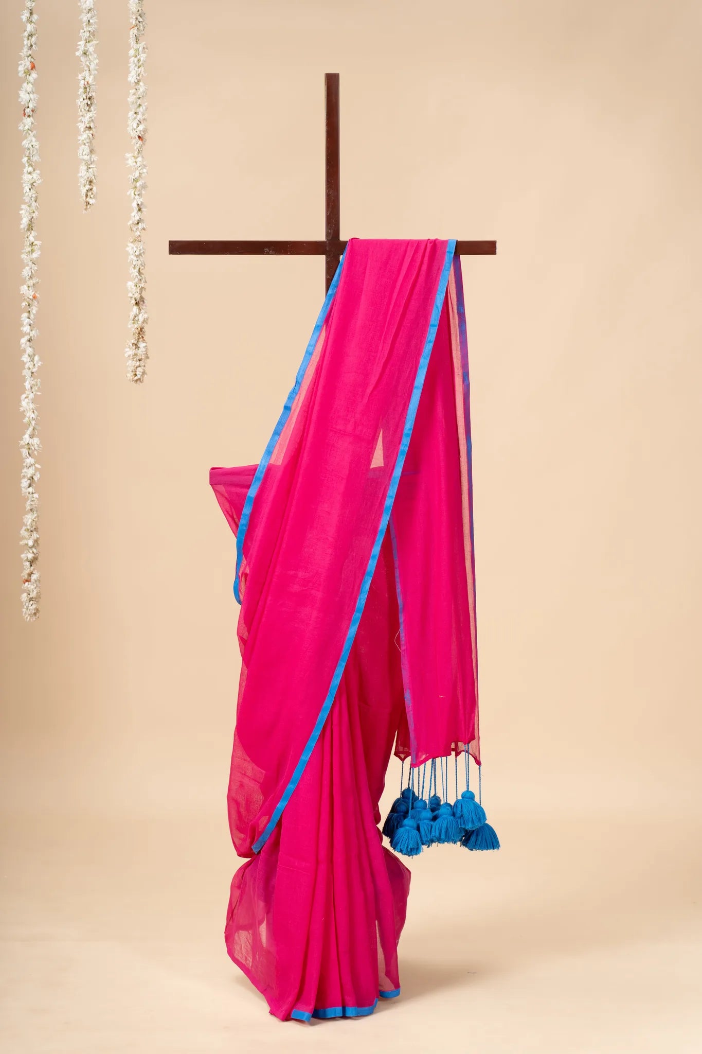 Pink Mul Cotton Saree with Blue Pom Pom