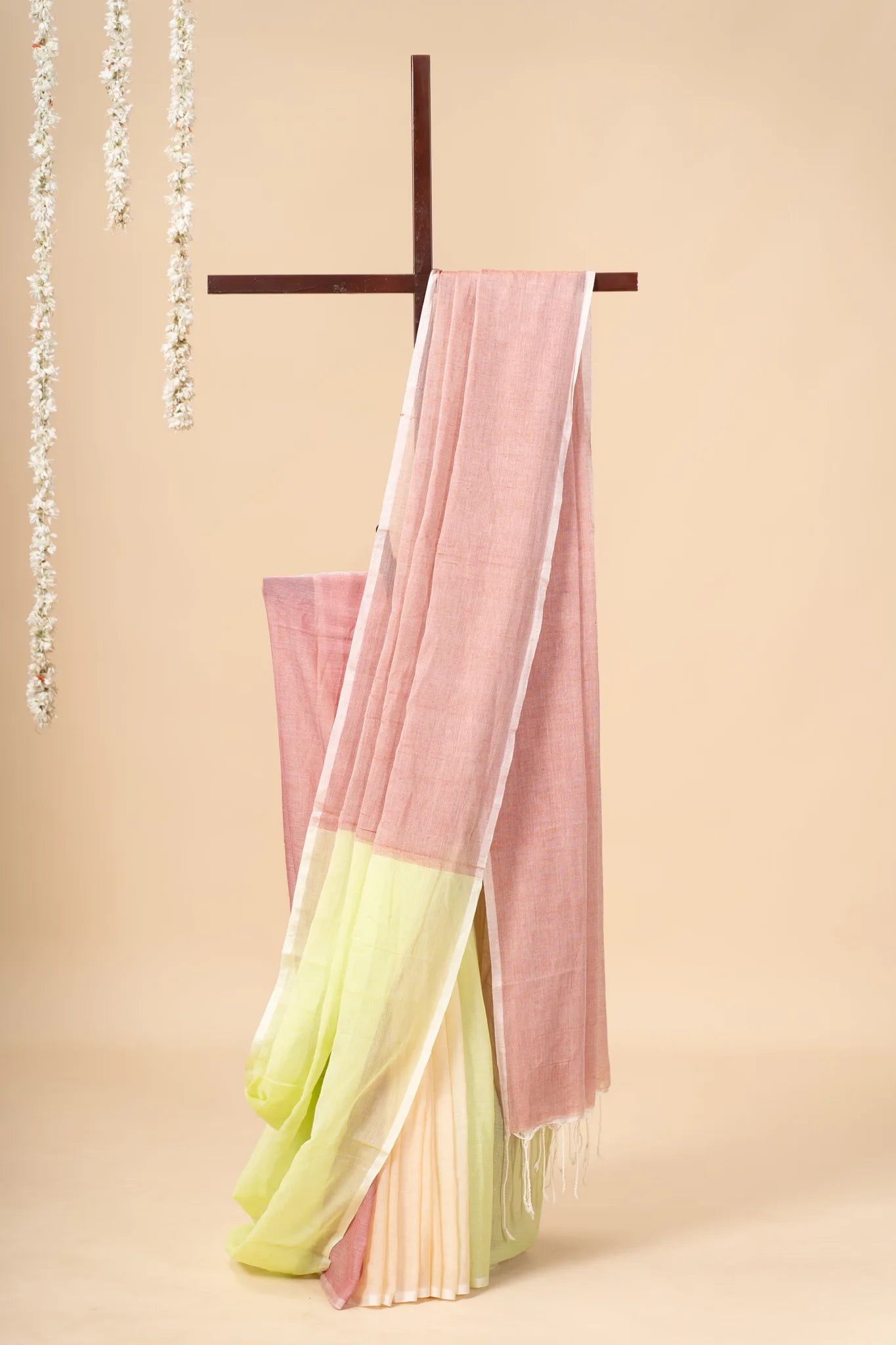 Pink & Yellow Multi-Coloured Handloom Mul Cotton Saree