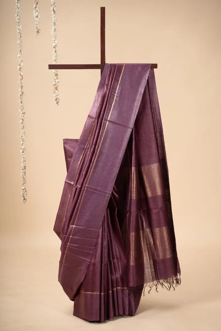 Plum Handloom Soft Tussar Silk Saree - view 2